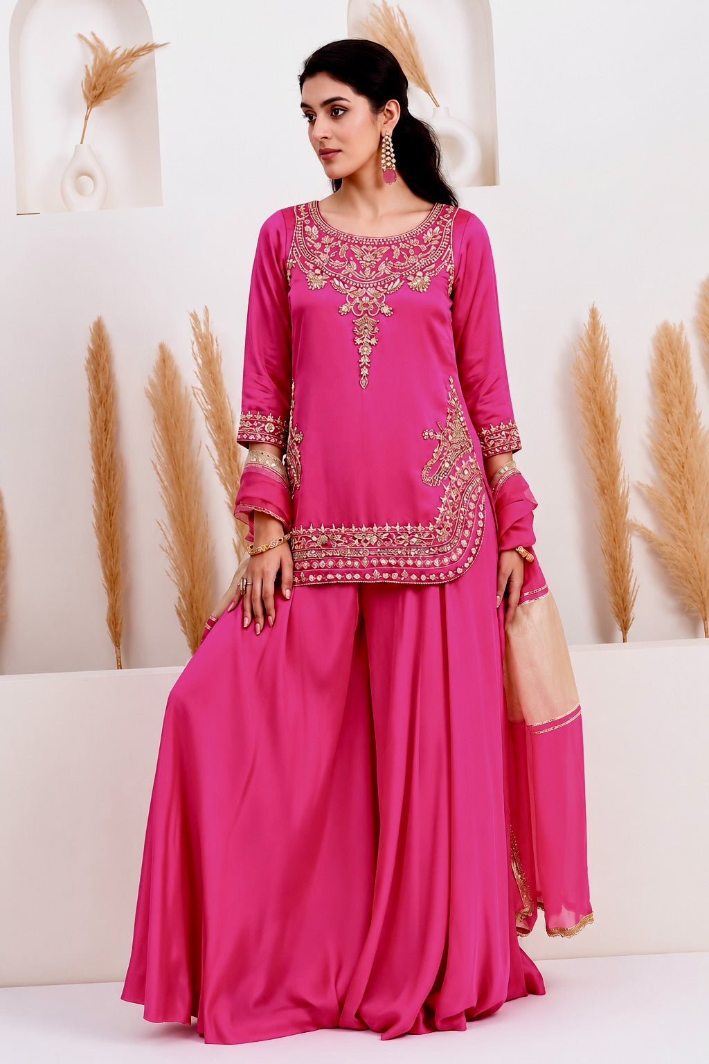 Womenline Rani Pink Embroidered Kurta Sharara Set with Dupatta