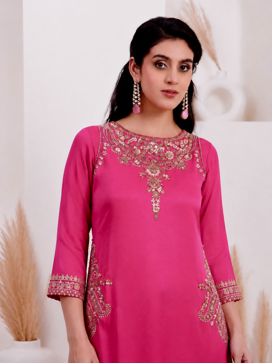 Womenline Rani Pink Embroidered Kurta Sharara Set with Dupatta
