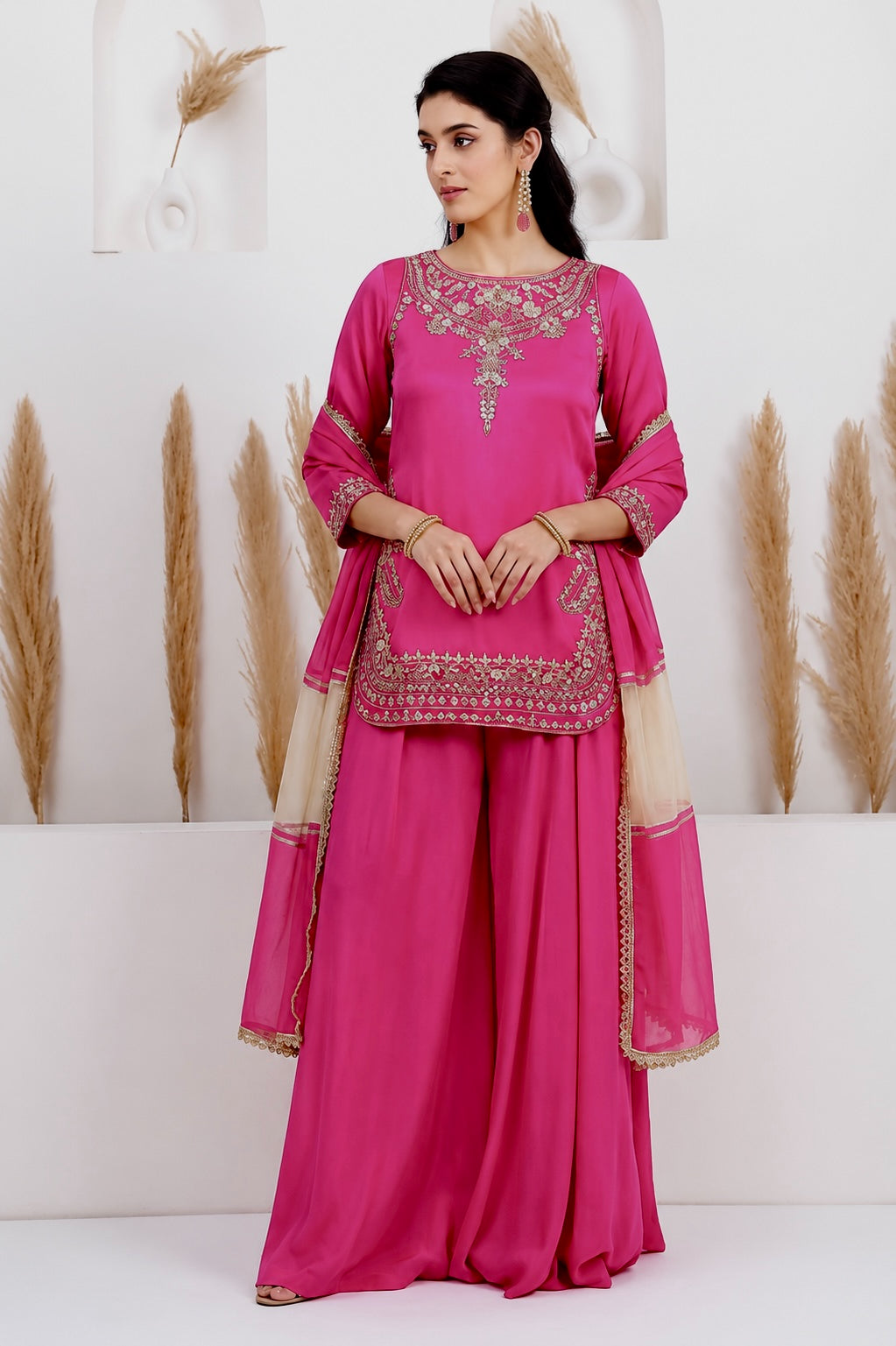Womenline Rani Pink Embroidered Kurta Sharara Set with Dupatta