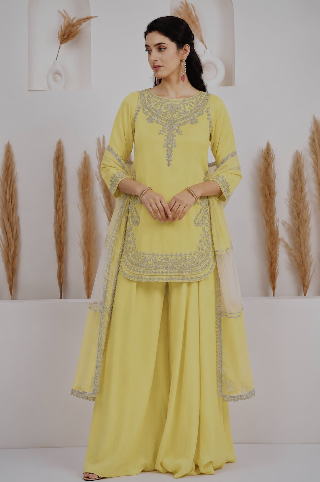 Womenline Pastel Yellow Embroidered Kurta Palazzo Set with Dupatta