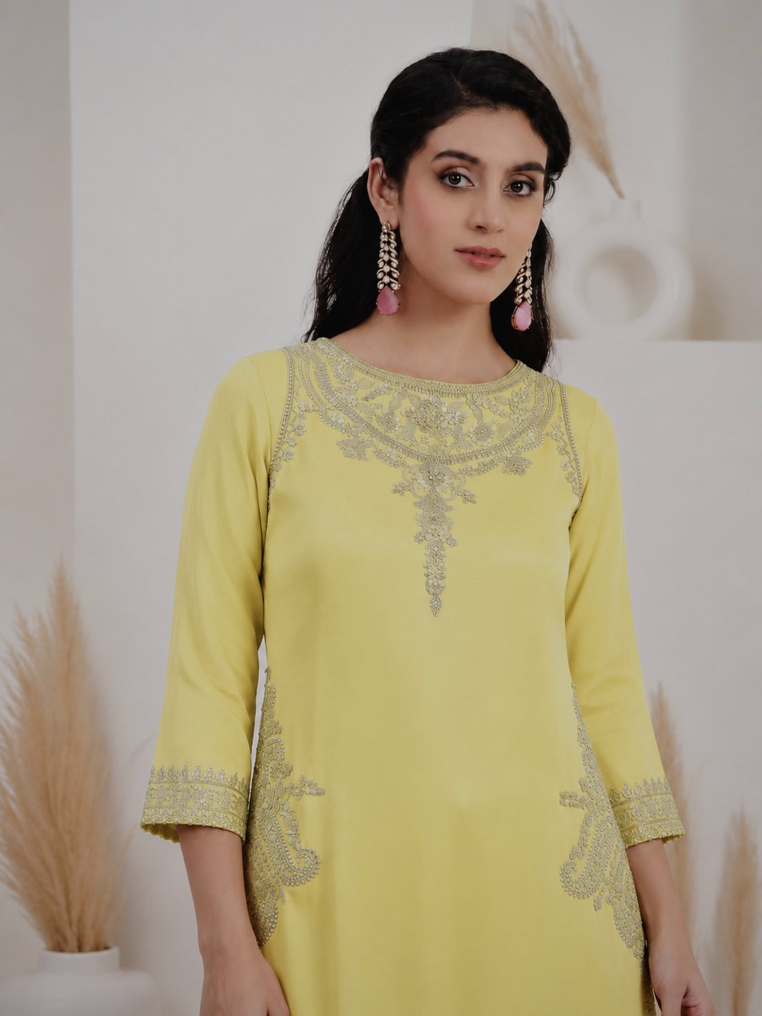 Womenline Pastel Yellow Embroidered Kurta Palazzo Set with Dupatta