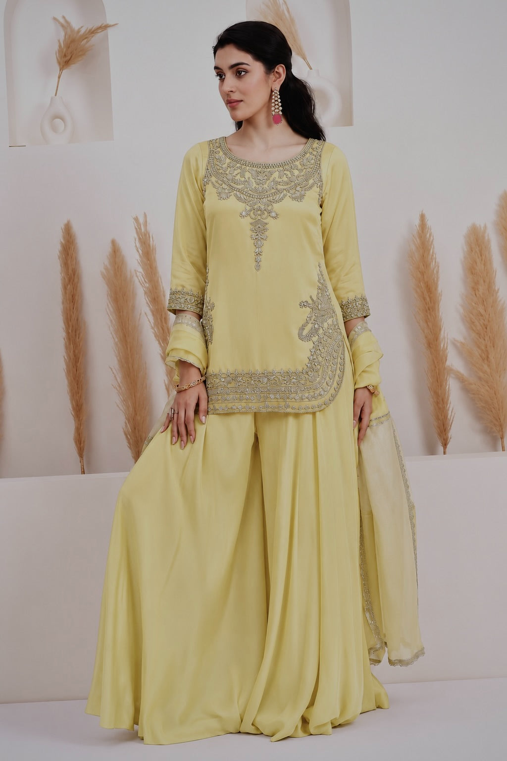 Womenline Pastel Yellow Embroidered Kurta Palazzo Set with Dupatta