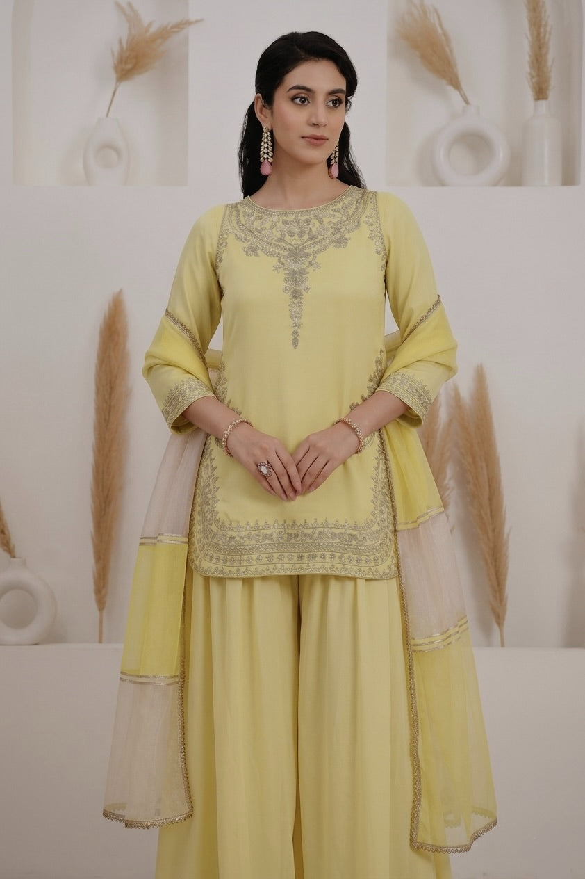 Womenline Pastel Yellow Embroidered Kurta Palazzo Set with Dupatta