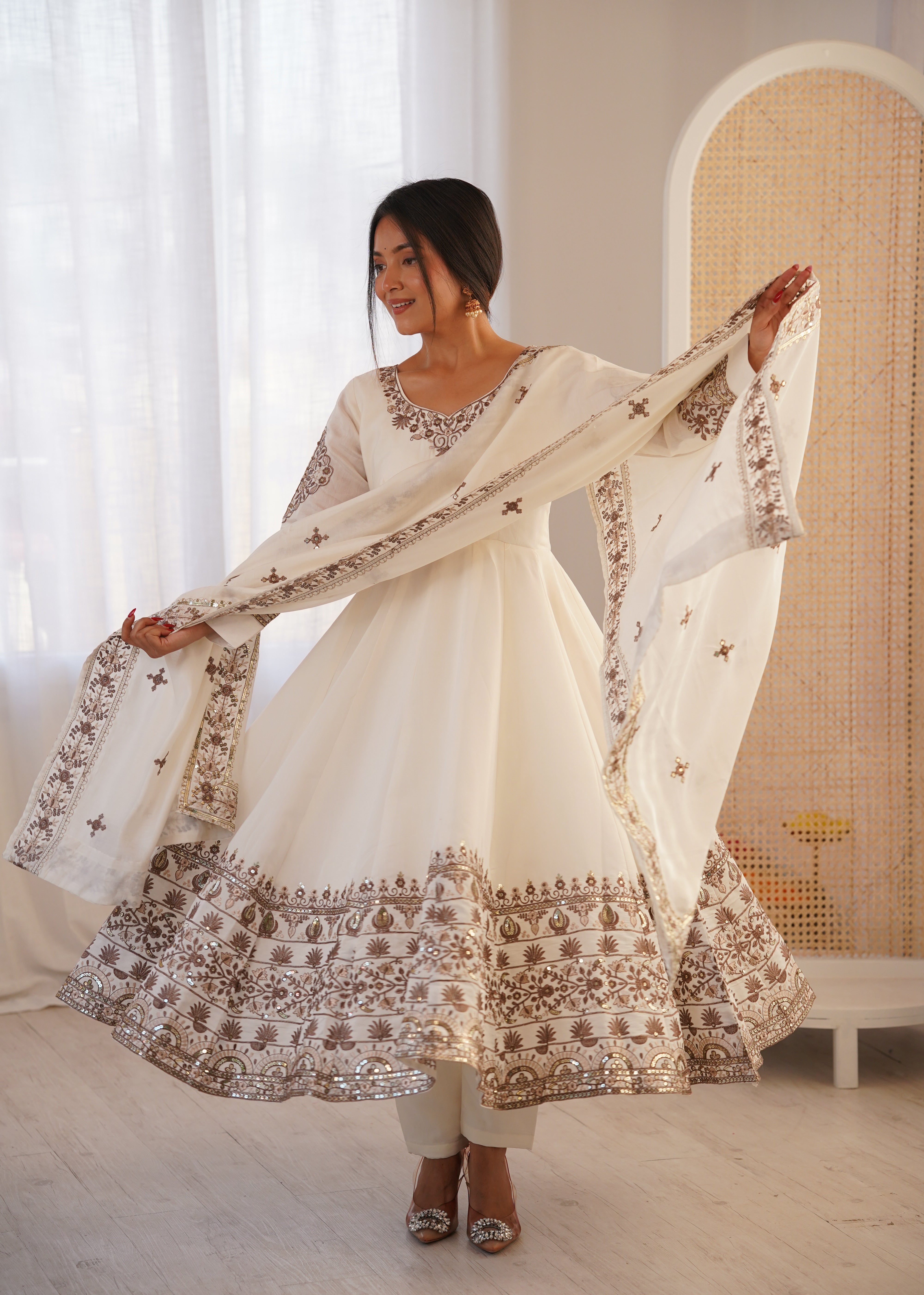 Womenline Elegant Ivory White Embroidered Anarkali Suit Set
