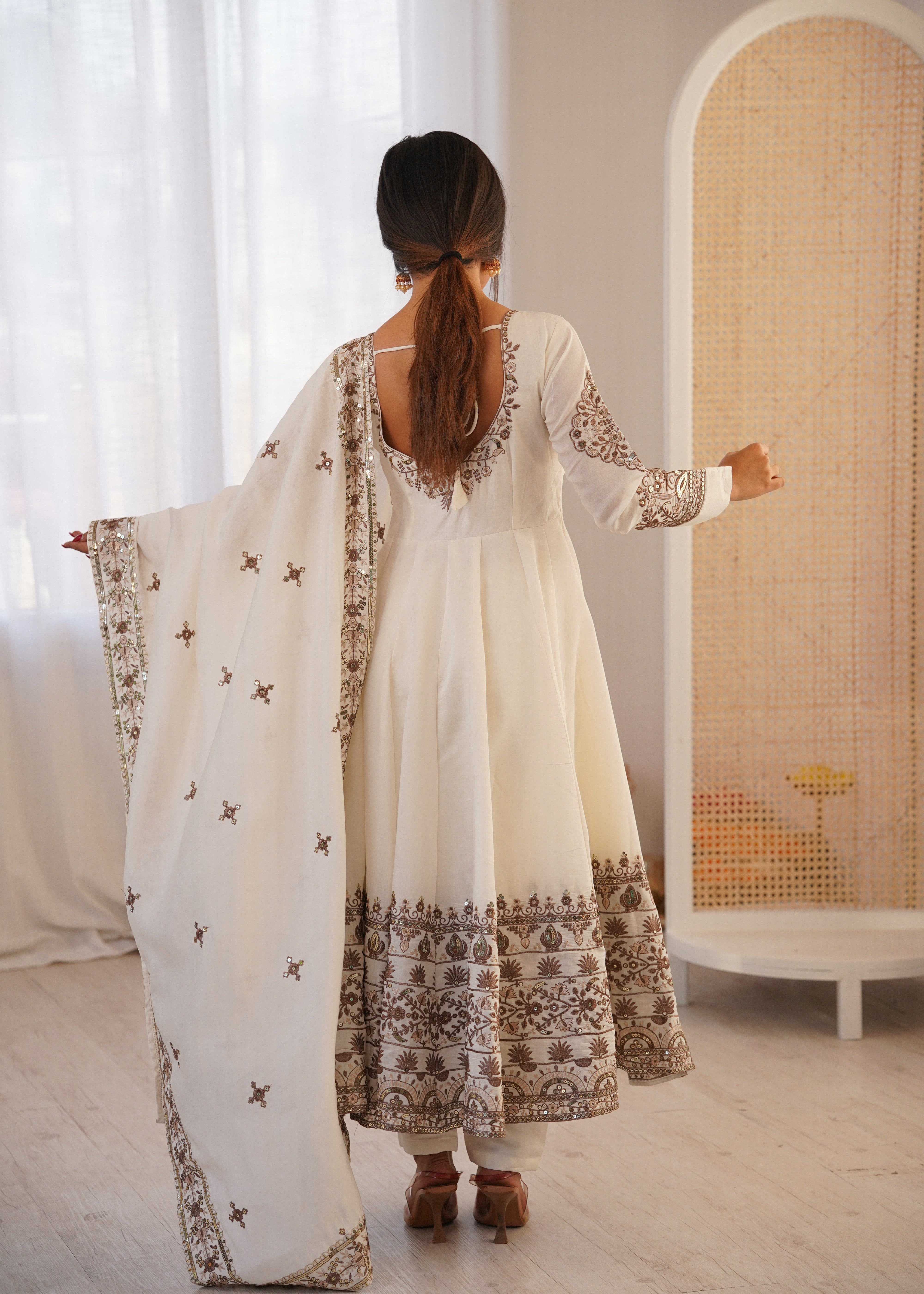 Womenline Elegant Ivory White Embroidered Anarkali Suit Set