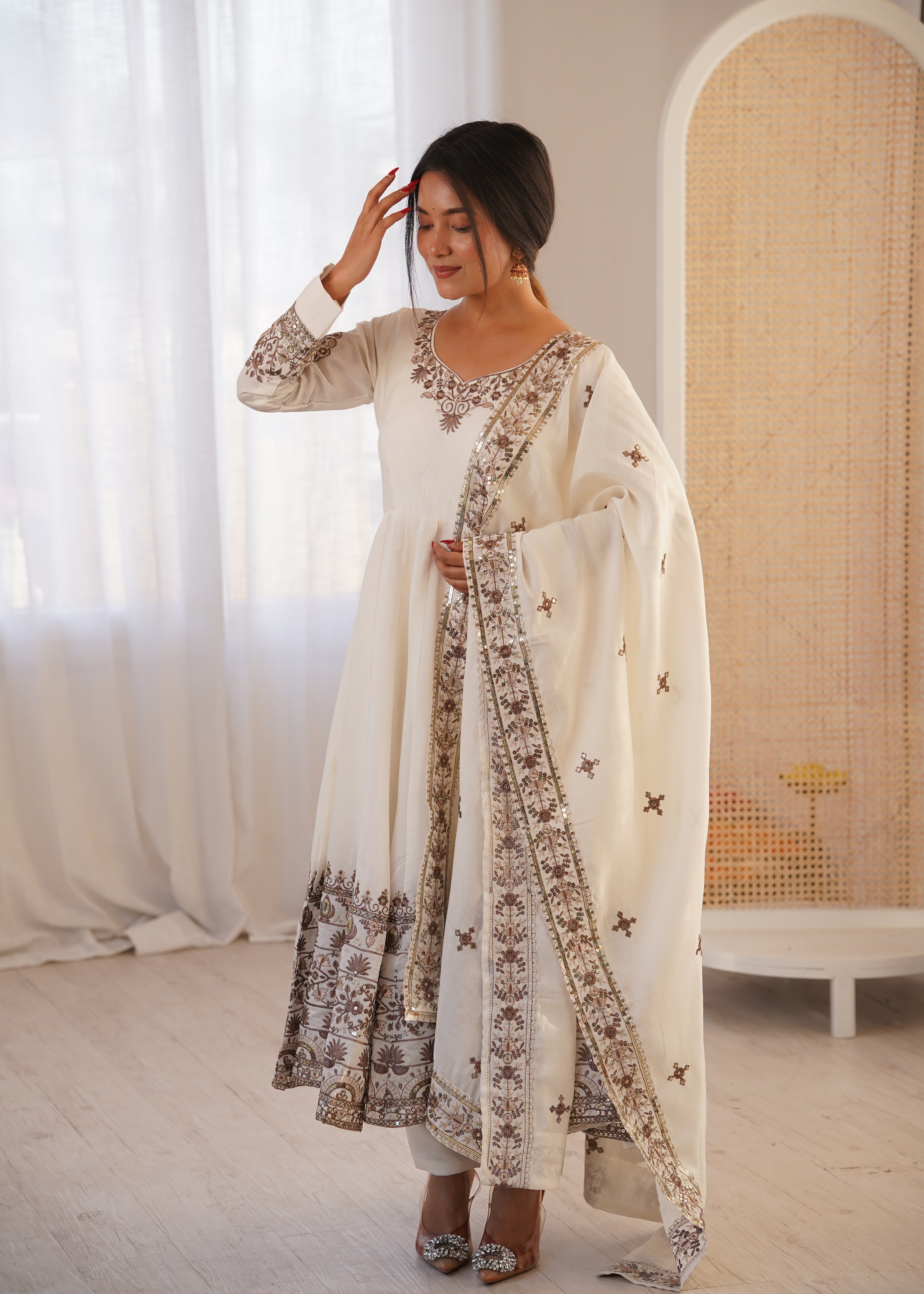 Womenline Elegant Ivory White Embroidered Anarkali Suit Set