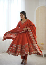 Womenline Royal Rust Orange Embroidered Anarkali Suit Set