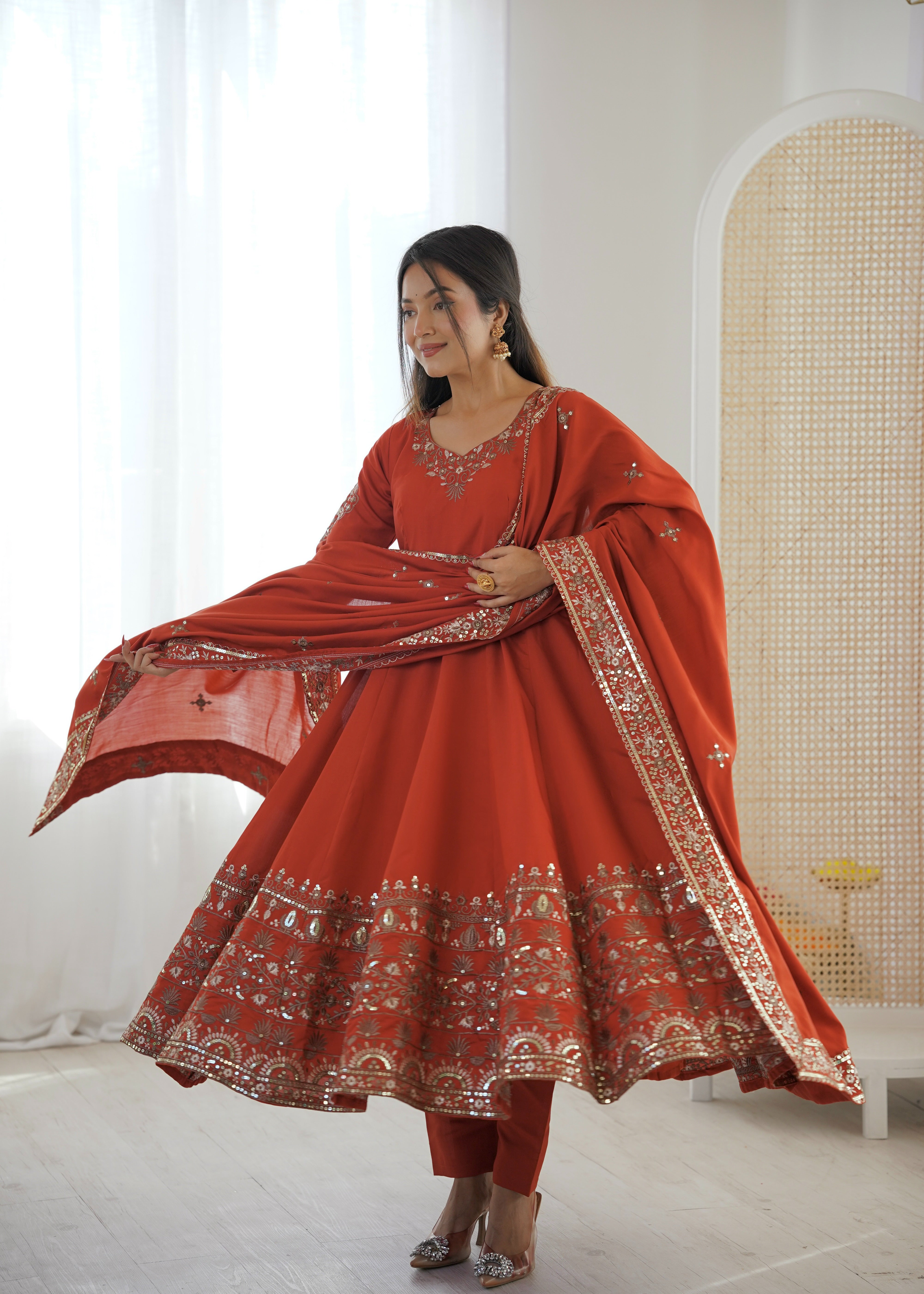 Womenline Royal Rust Orange Embroidered Anarkali Suit Set