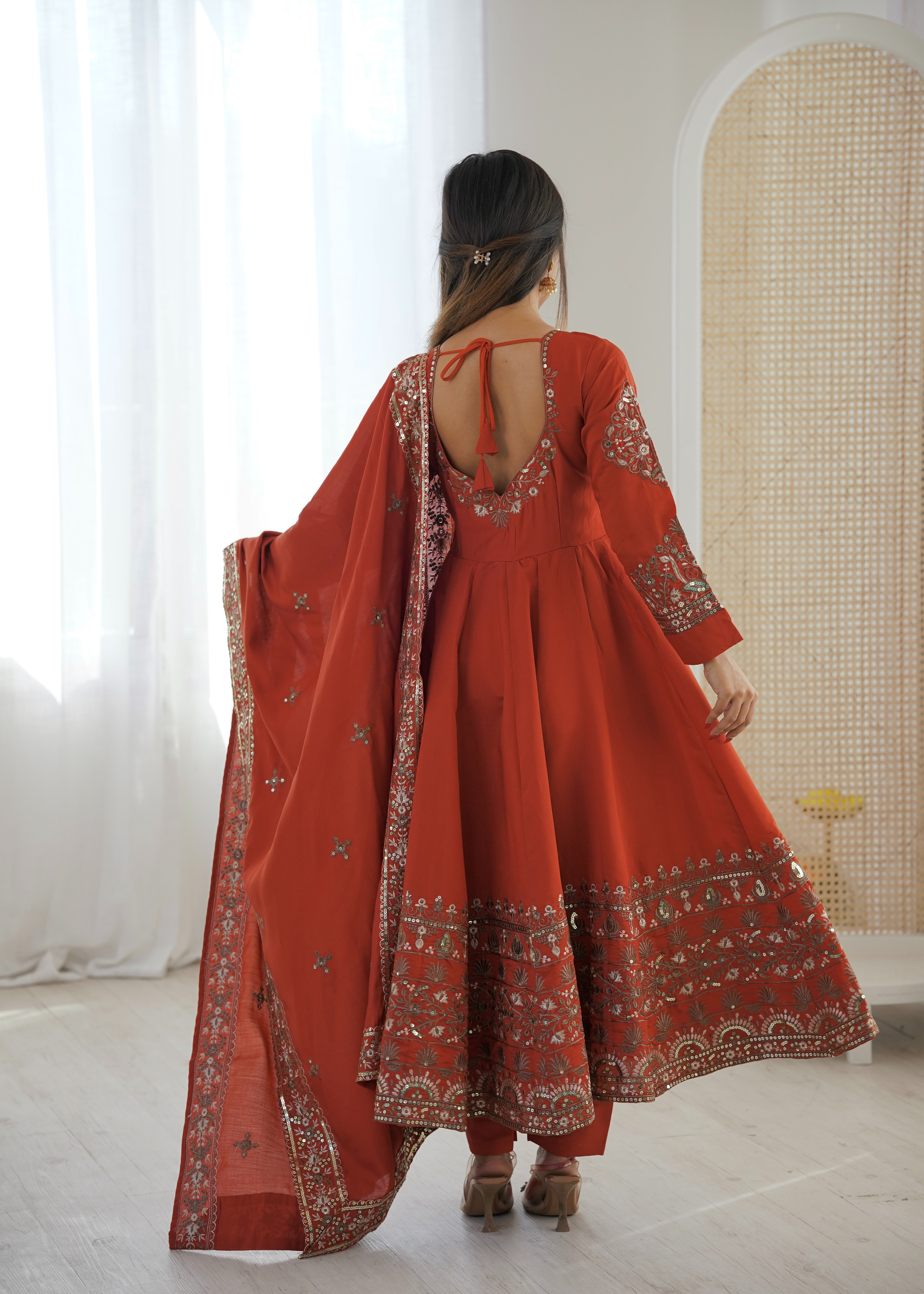 Womenline Royal Rust Orange Embroidered Anarkali Suit Set