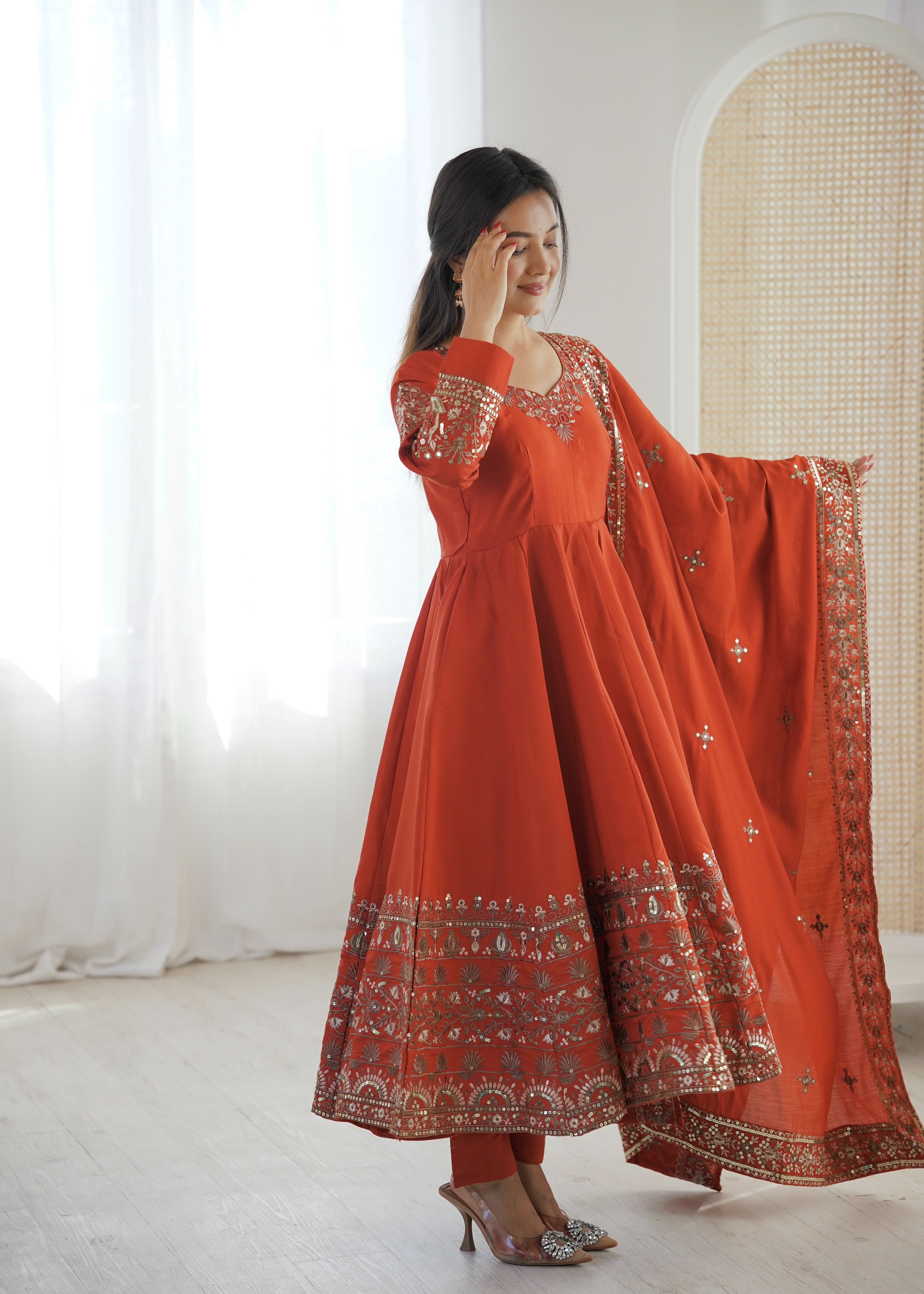 Womenline Royal Rust Orange Embroidered Anarkali Suit Set