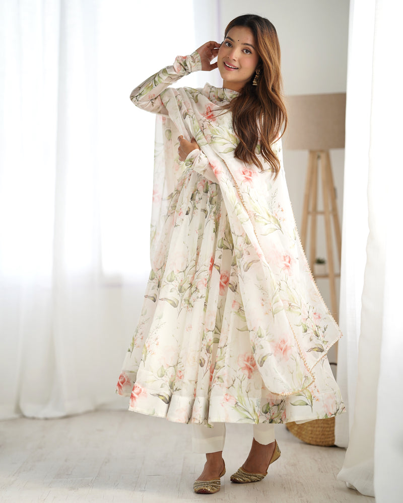 Womenline White Color Pure Soft Organza Three Piece Anarkali Suit