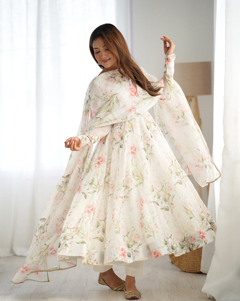 Womenline White Color Pure Soft Organza Three Piece Anarkali Suit