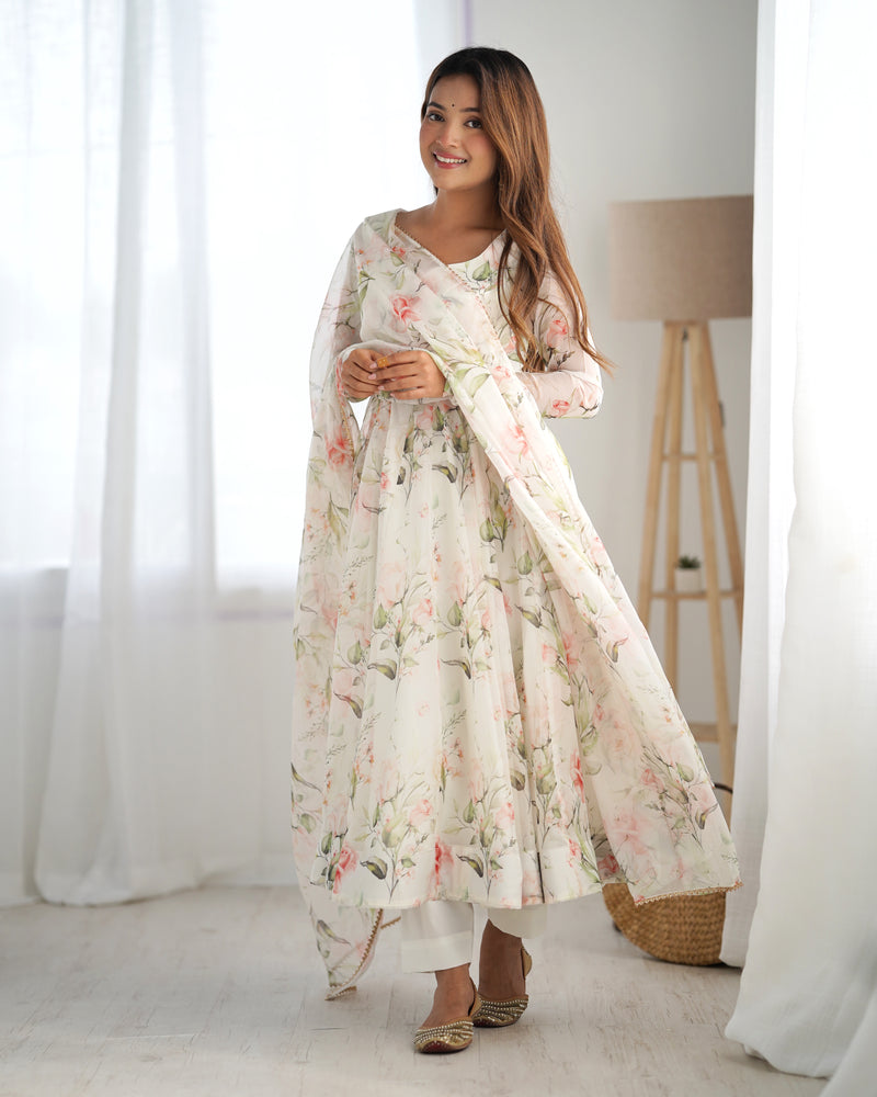 Womenline White Color Pure Soft Organza Three Piece Anarkali Suit