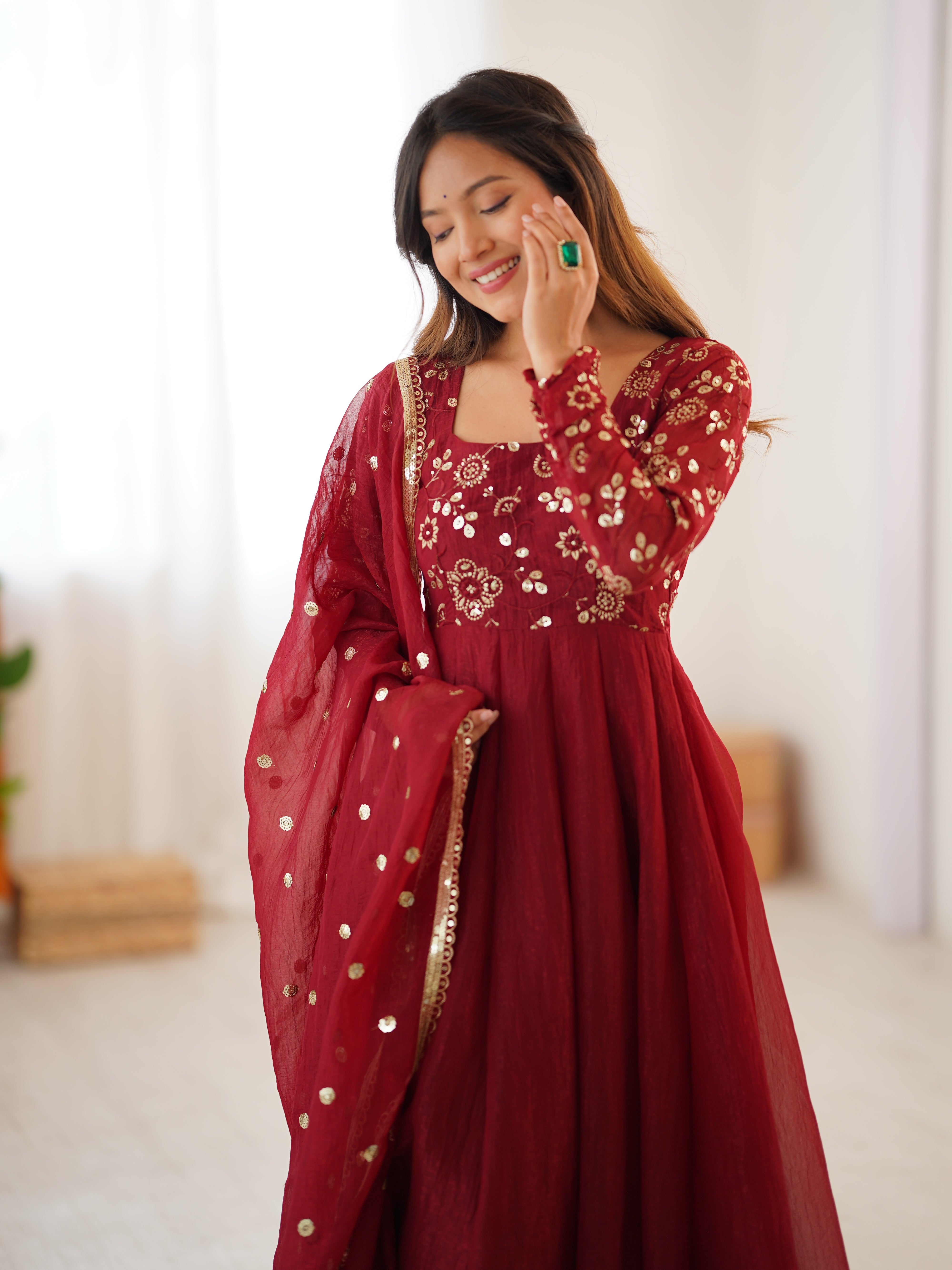 Womenline Royal Maroon Embroidered Anarkali Suit Set with Dupatta