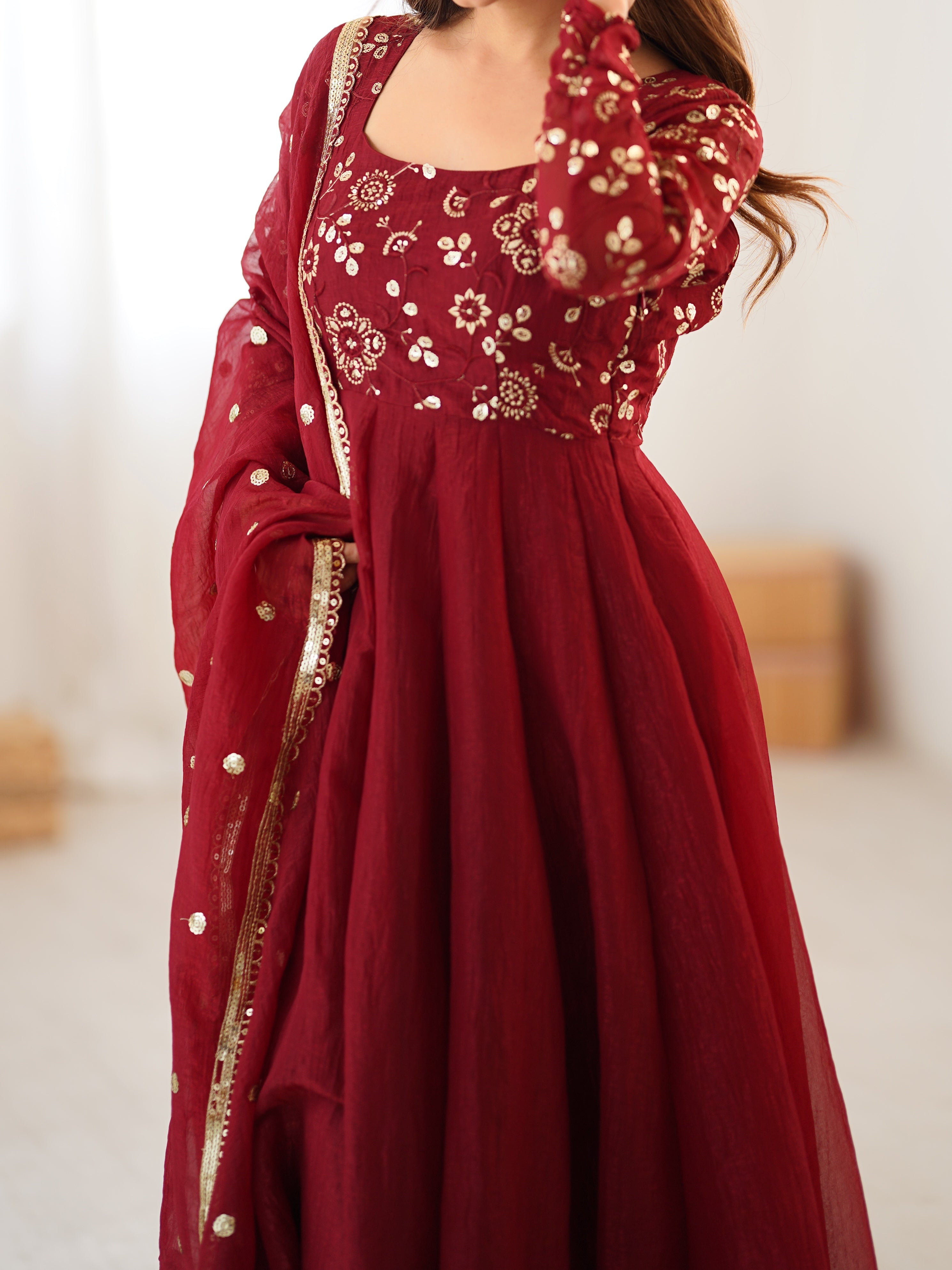 Womenline Royal Maroon Embroidered Anarkali Suit Set with Dupatta