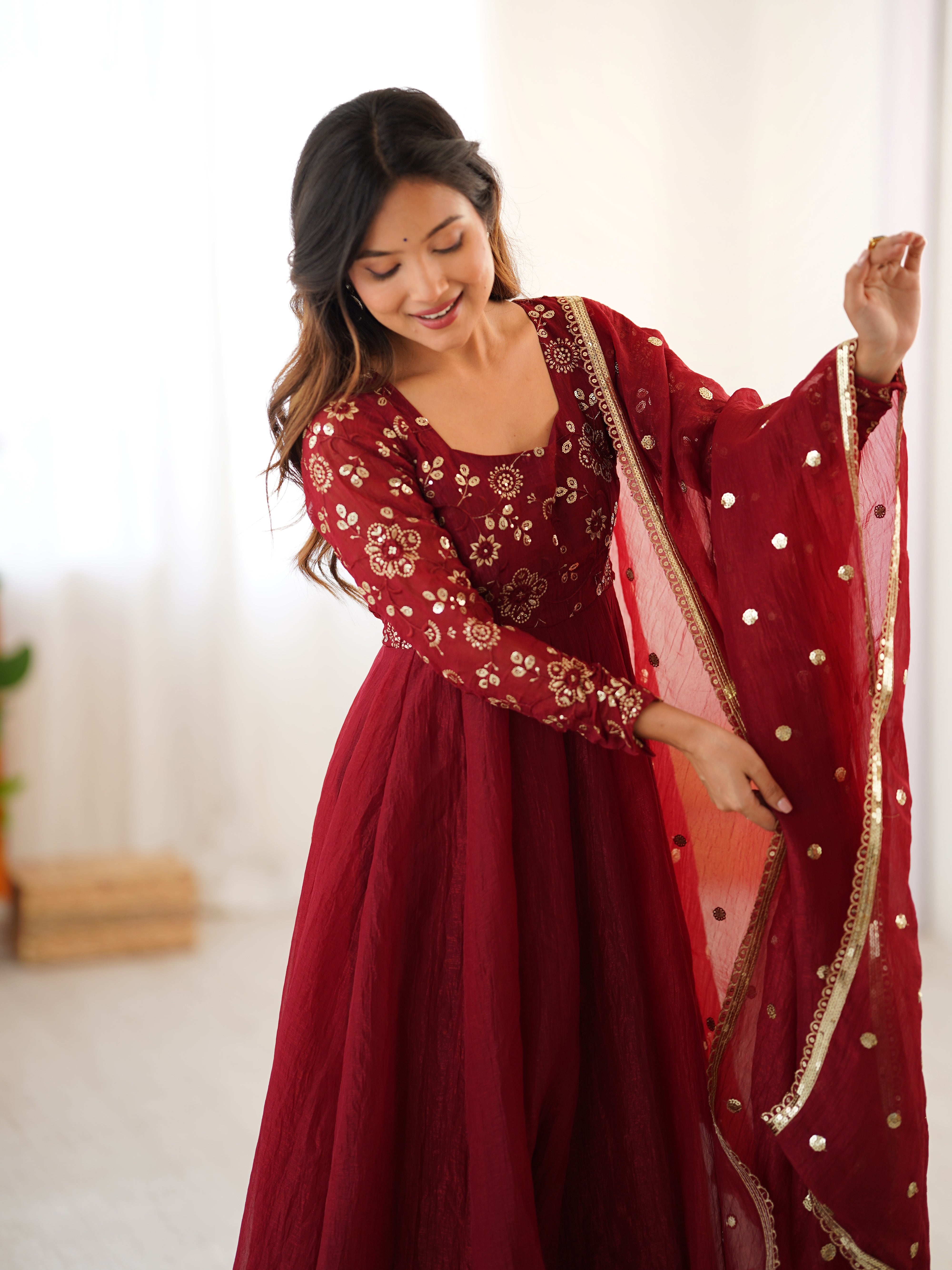 Womenline Royal Maroon Embroidered Anarkali Suit Set with Dupatta