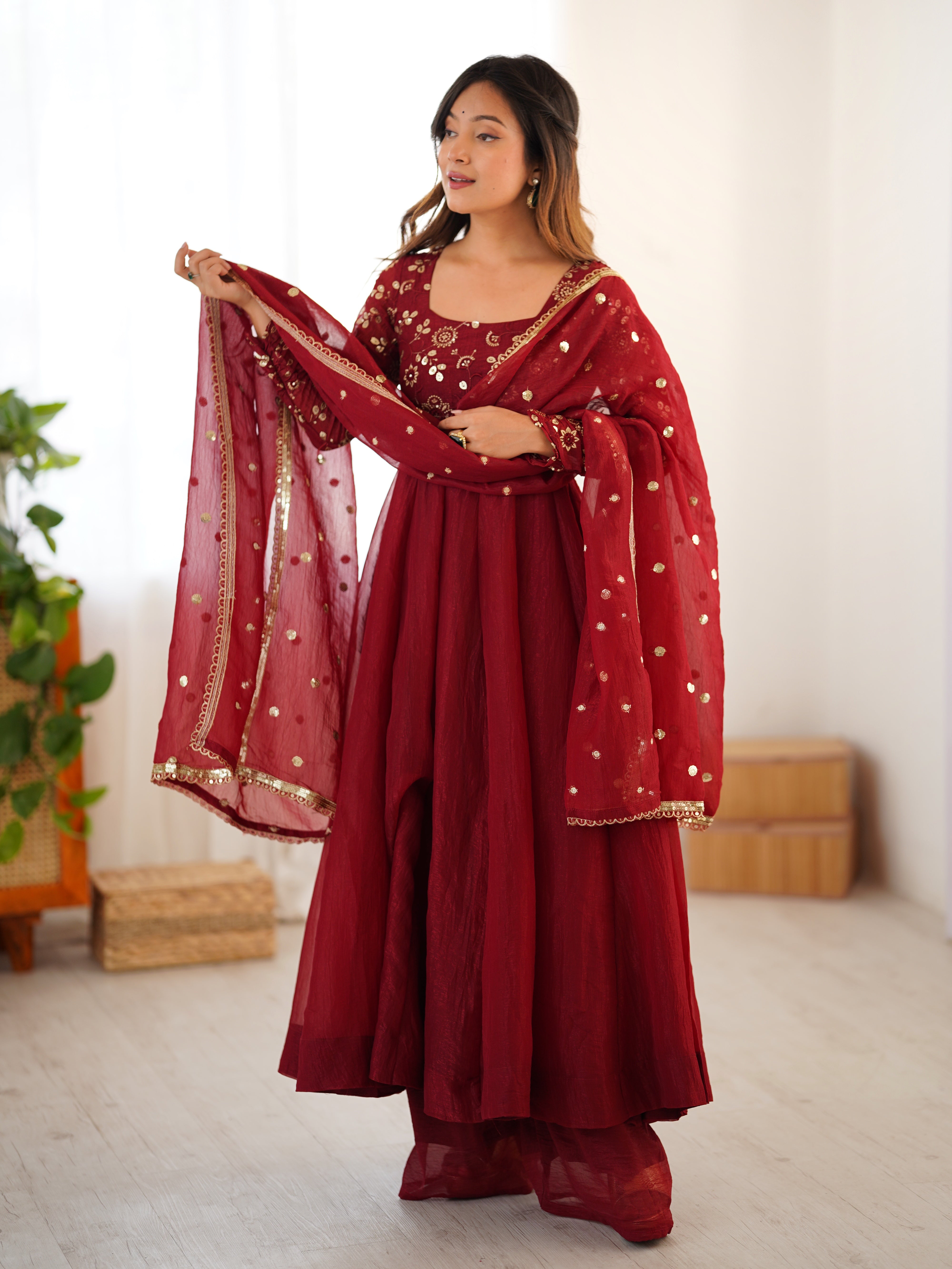 Womenline Royal Maroon Embroidered Anarkali Suit Set with Dupatta