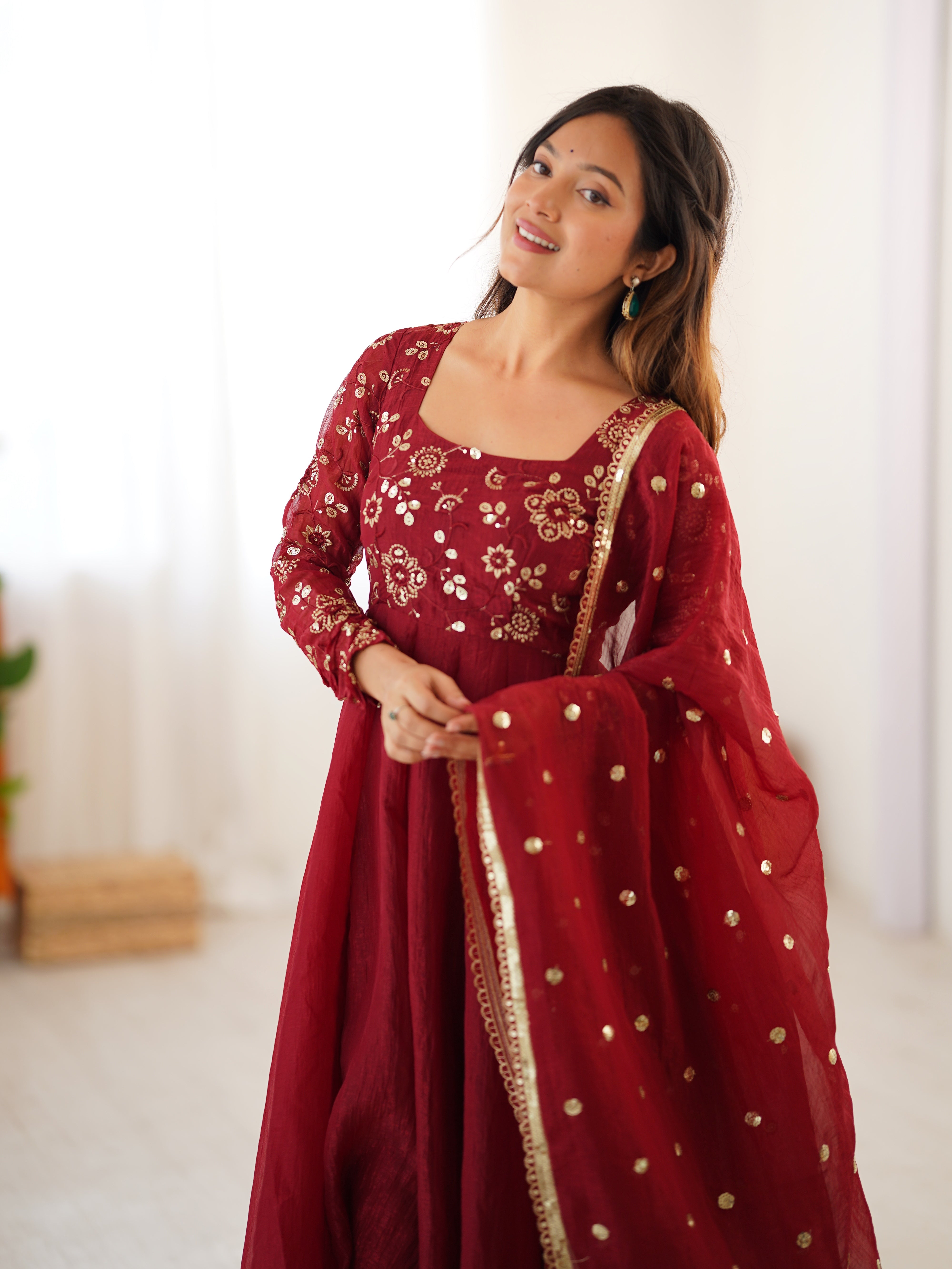 Womenline Royal Maroon Embroidered Anarkali Suit Set with Dupatta