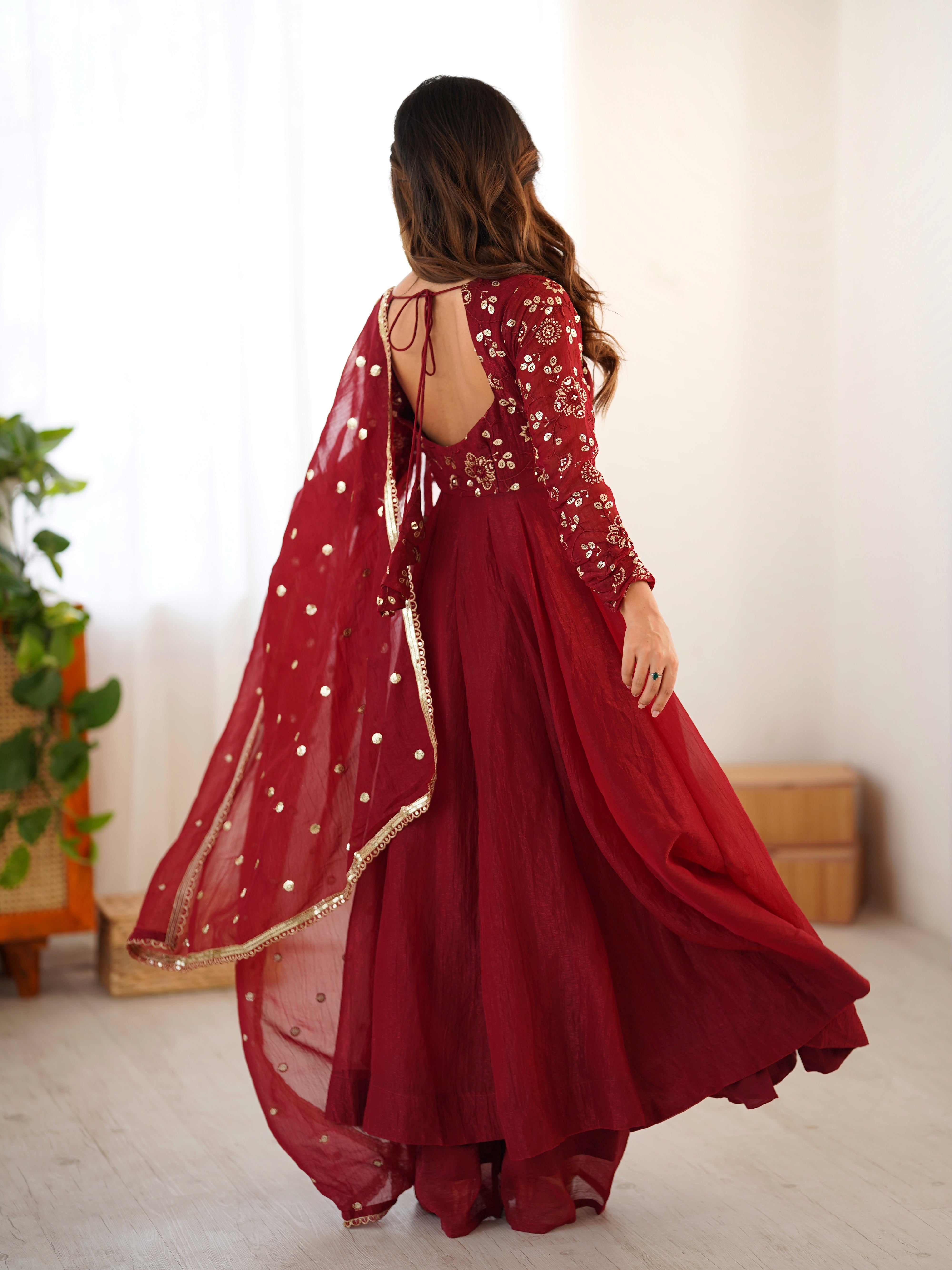 Womenline Royal Maroon Embroidered Anarkali Suit Set with Dupatta