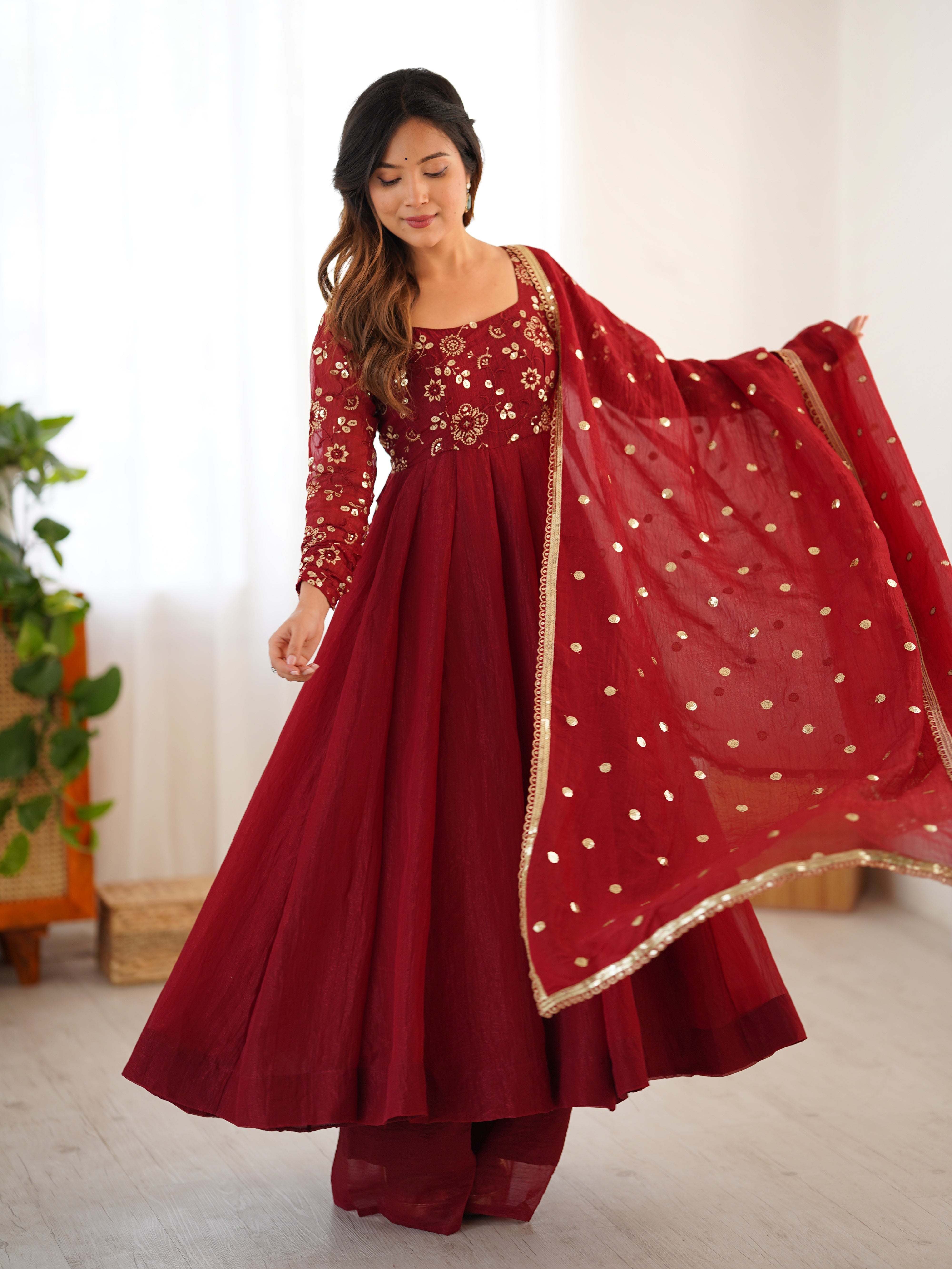 Womenline Royal Maroon Embroidered Anarkali Suit Set with Dupatta
