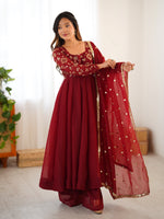 Womenline Royal Maroon Embroidered Anarkali Suit Set with Dupatta