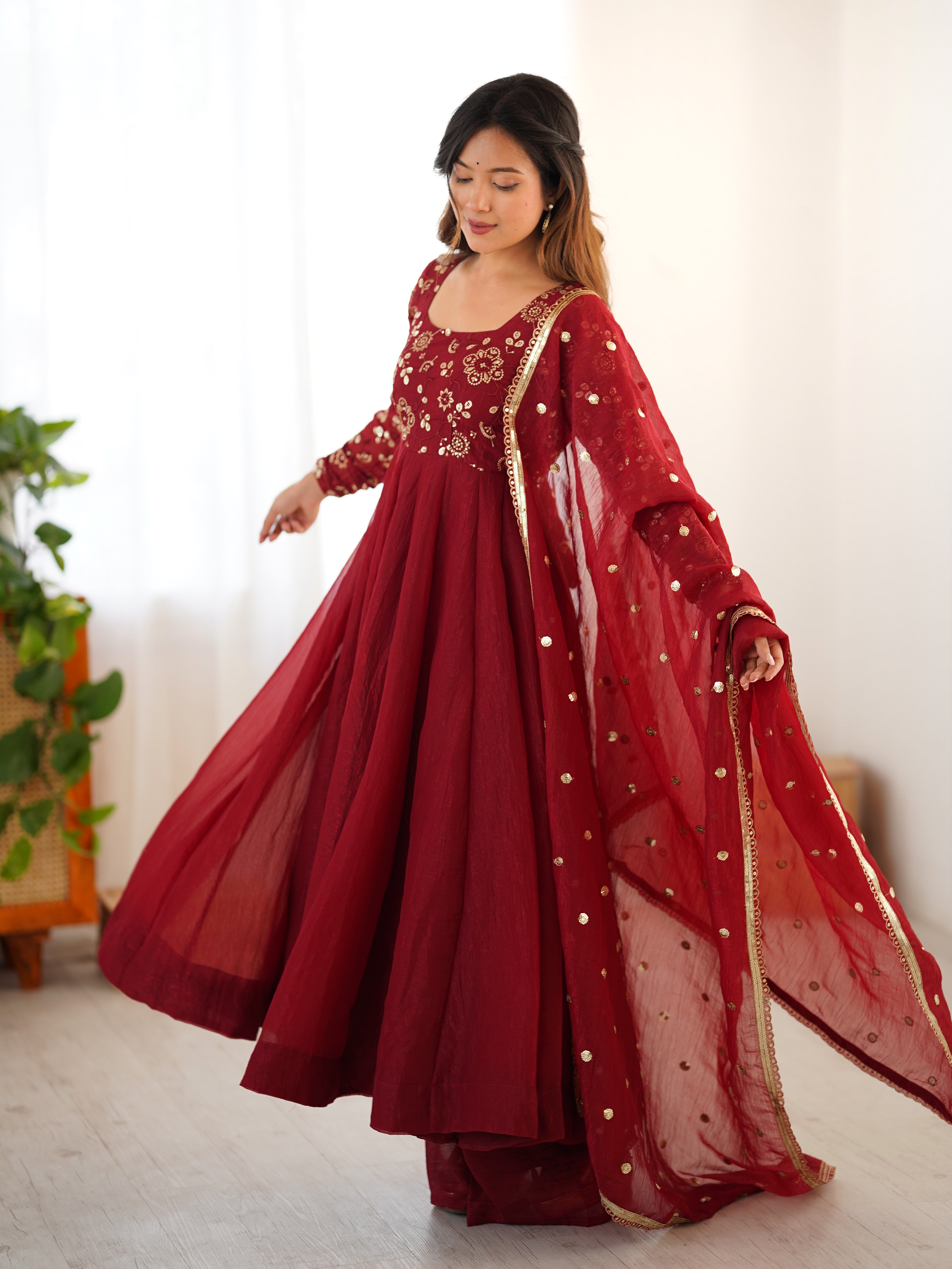Womenline Royal Maroon Embroidered Anarkali Suit Set with Dupatta
