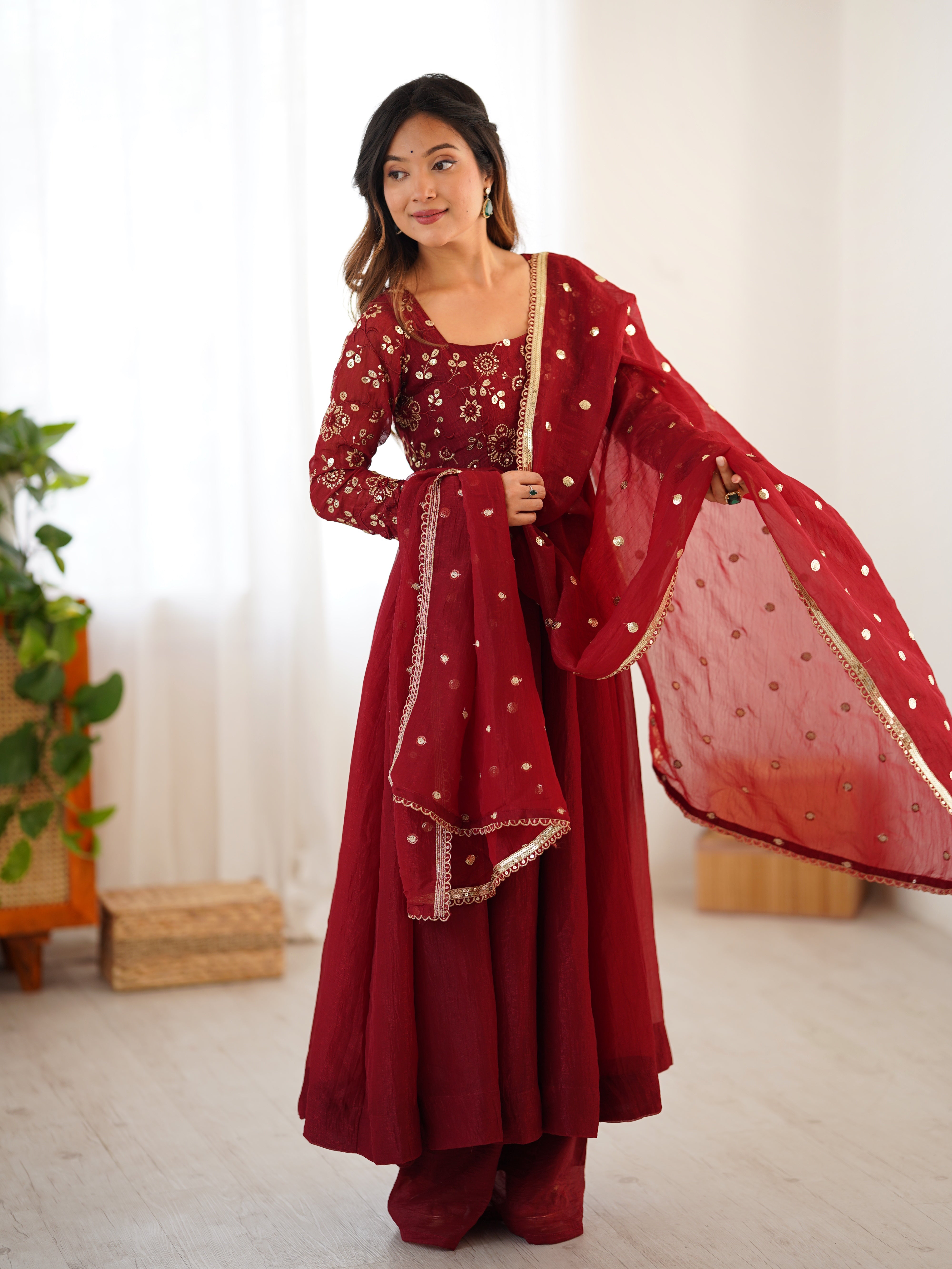 Womenline Royal Maroon Embroidered Anarkali Suit Set with Dupatta