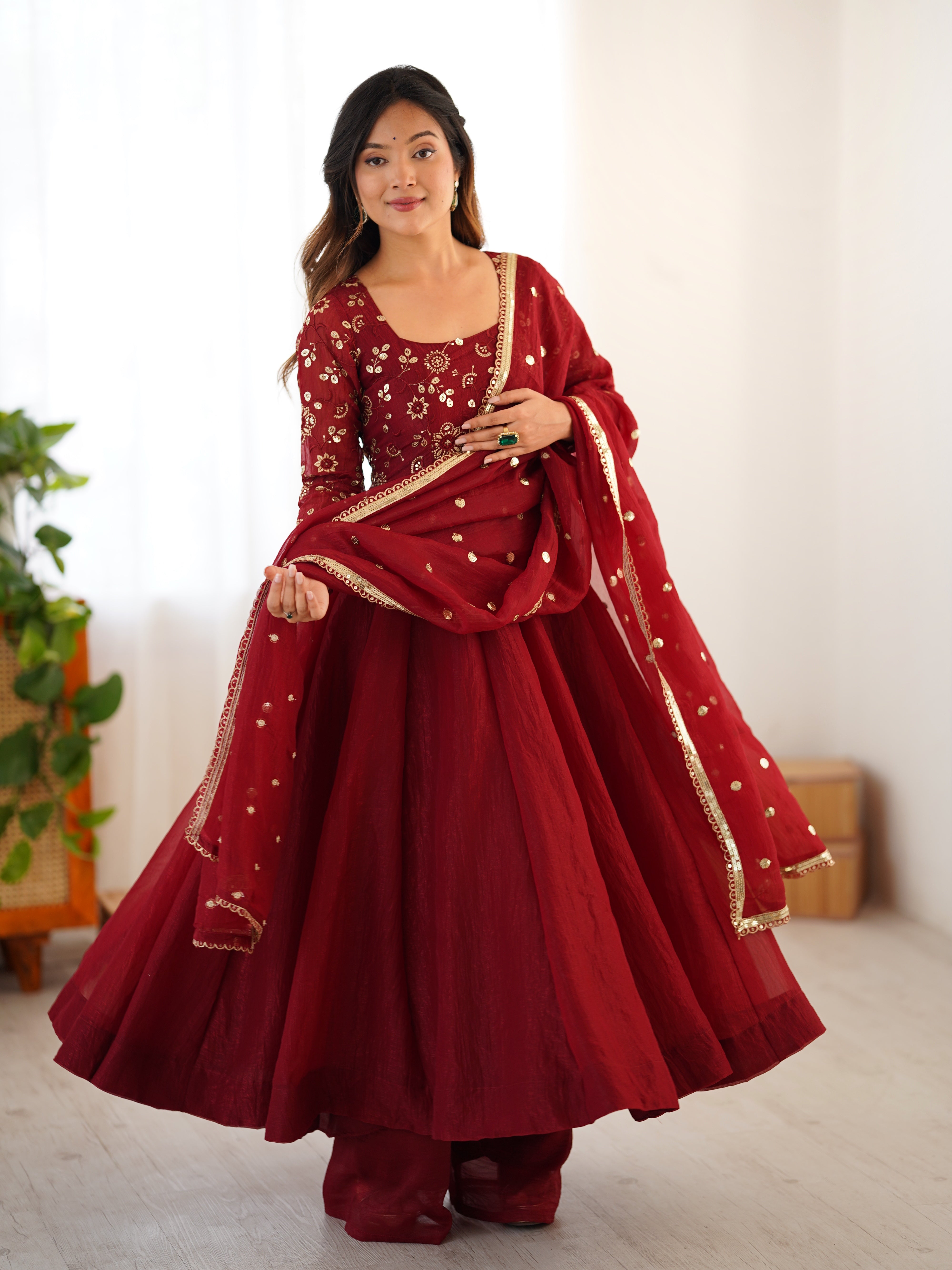 Womenline Royal Maroon Embroidered Anarkali Suit Set with Dupatta