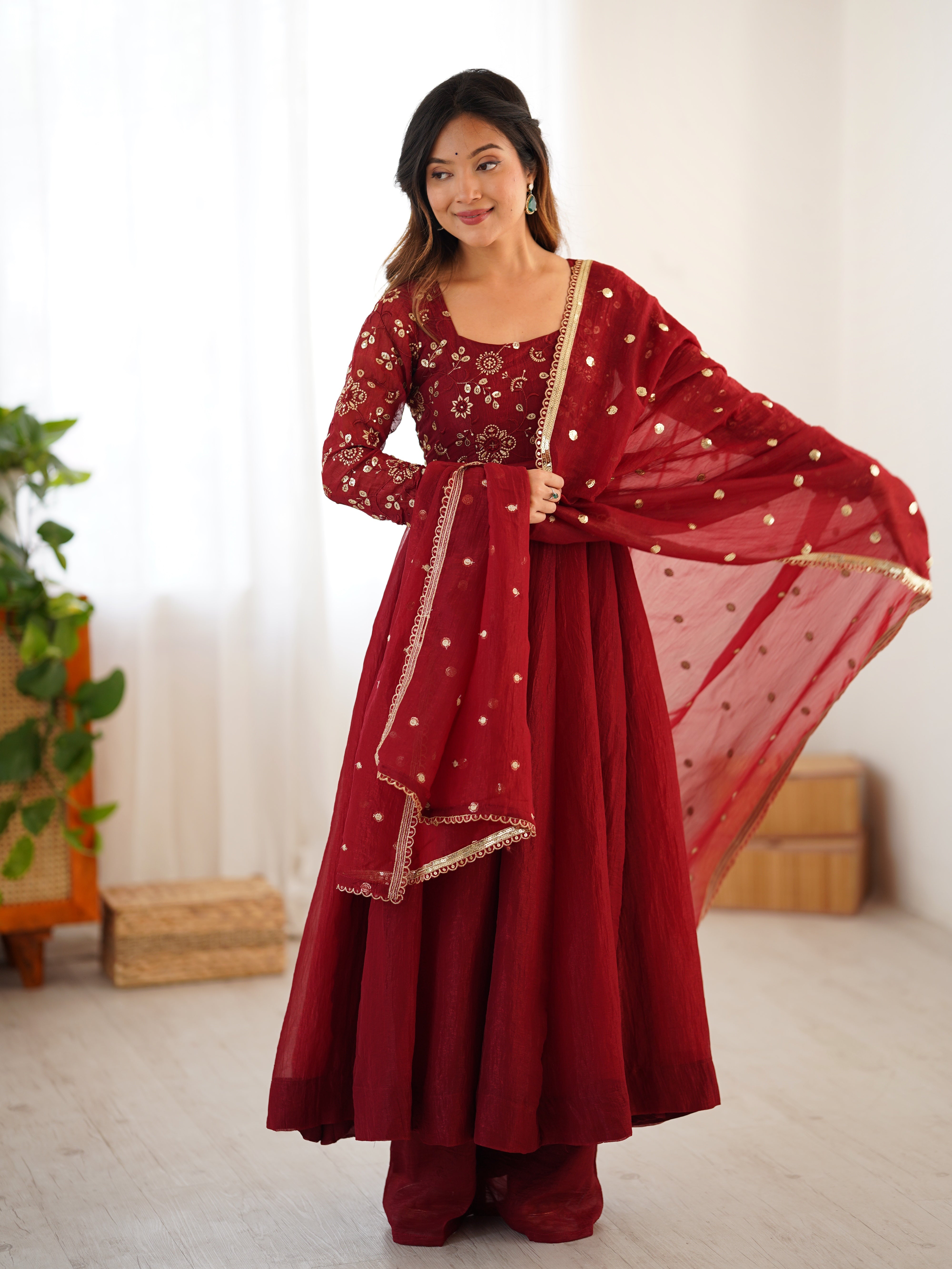 Womenline Royal Maroon Embroidered Anarkali Suit Set with Dupatta