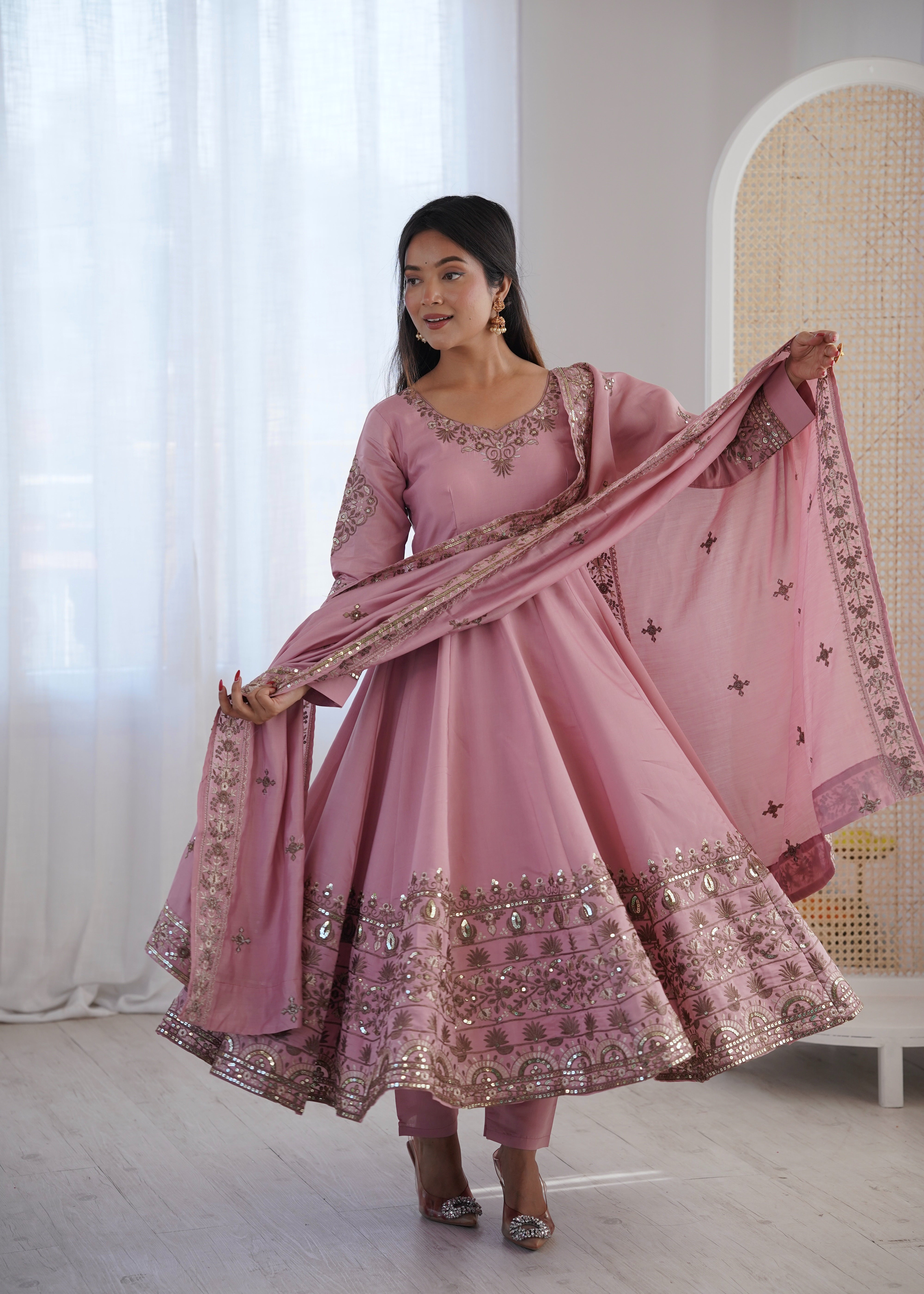 Womenline Elegant Dusty Pink Embroidered Anarkali Suit Set with Dupatta