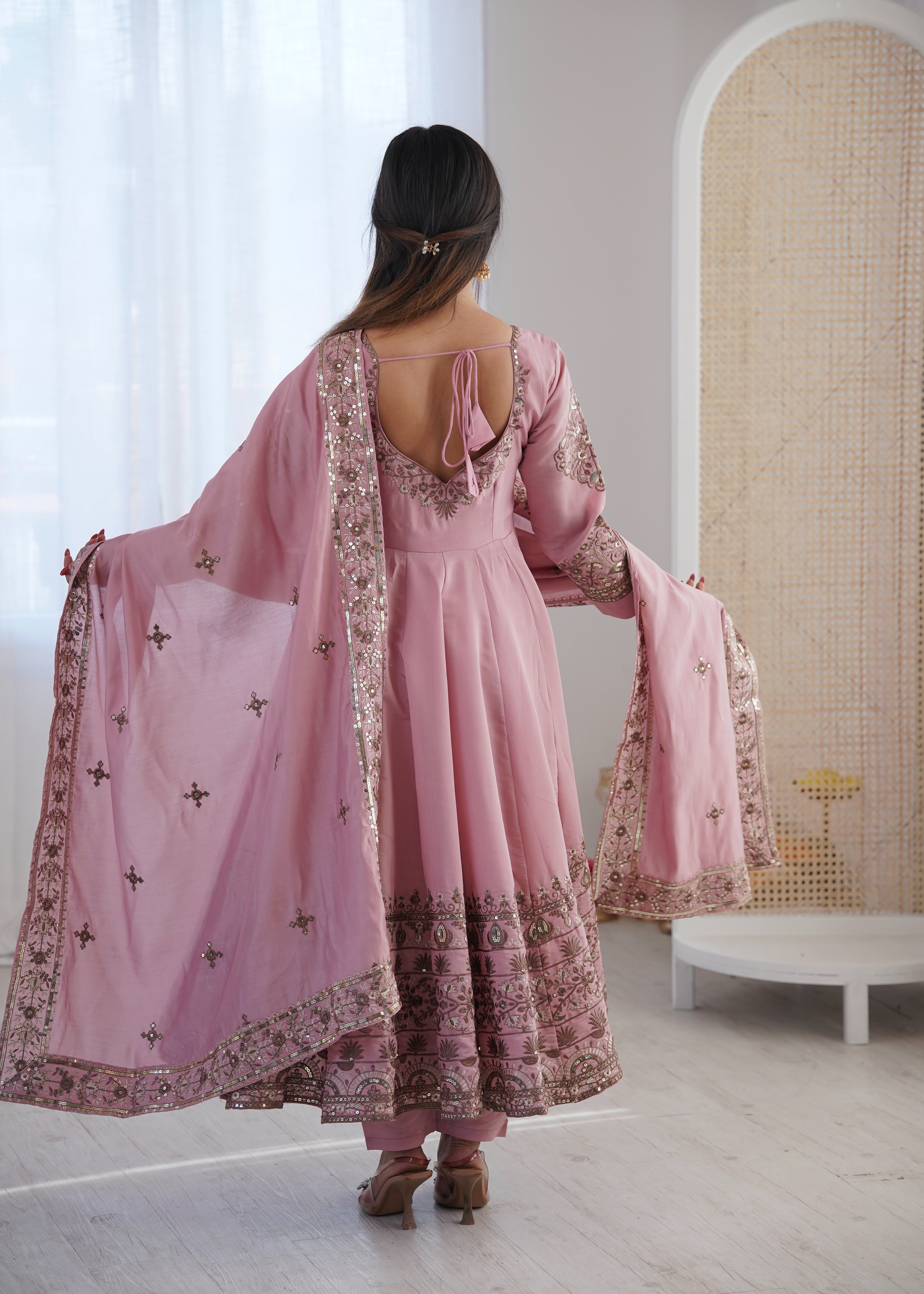Womenline Elegant Dusty Pink Embroidered Anarkali Suit Set with Dupatta