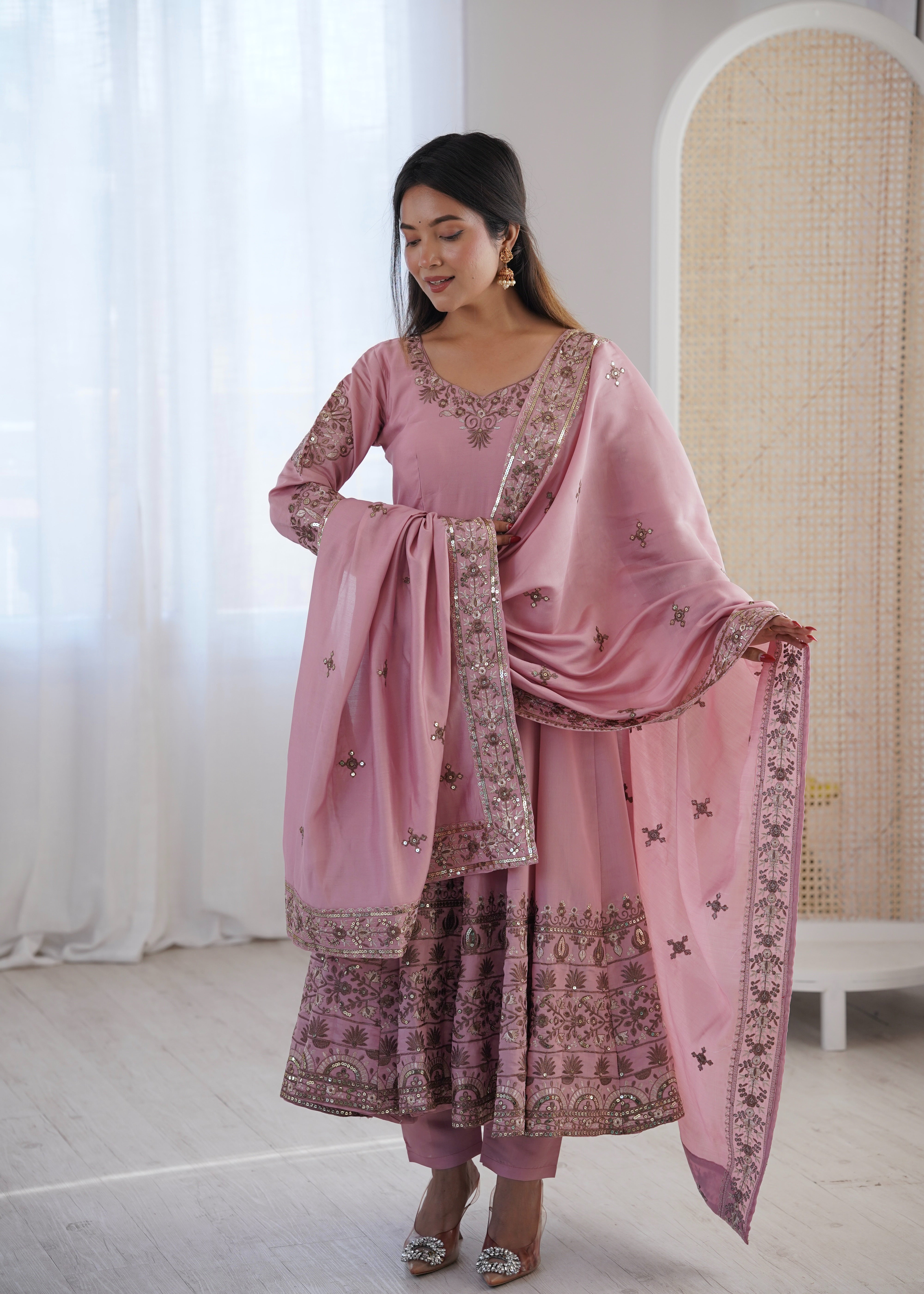Womenline Elegant Dusty Pink Embroidered Anarkali Suit Set with Dupatta