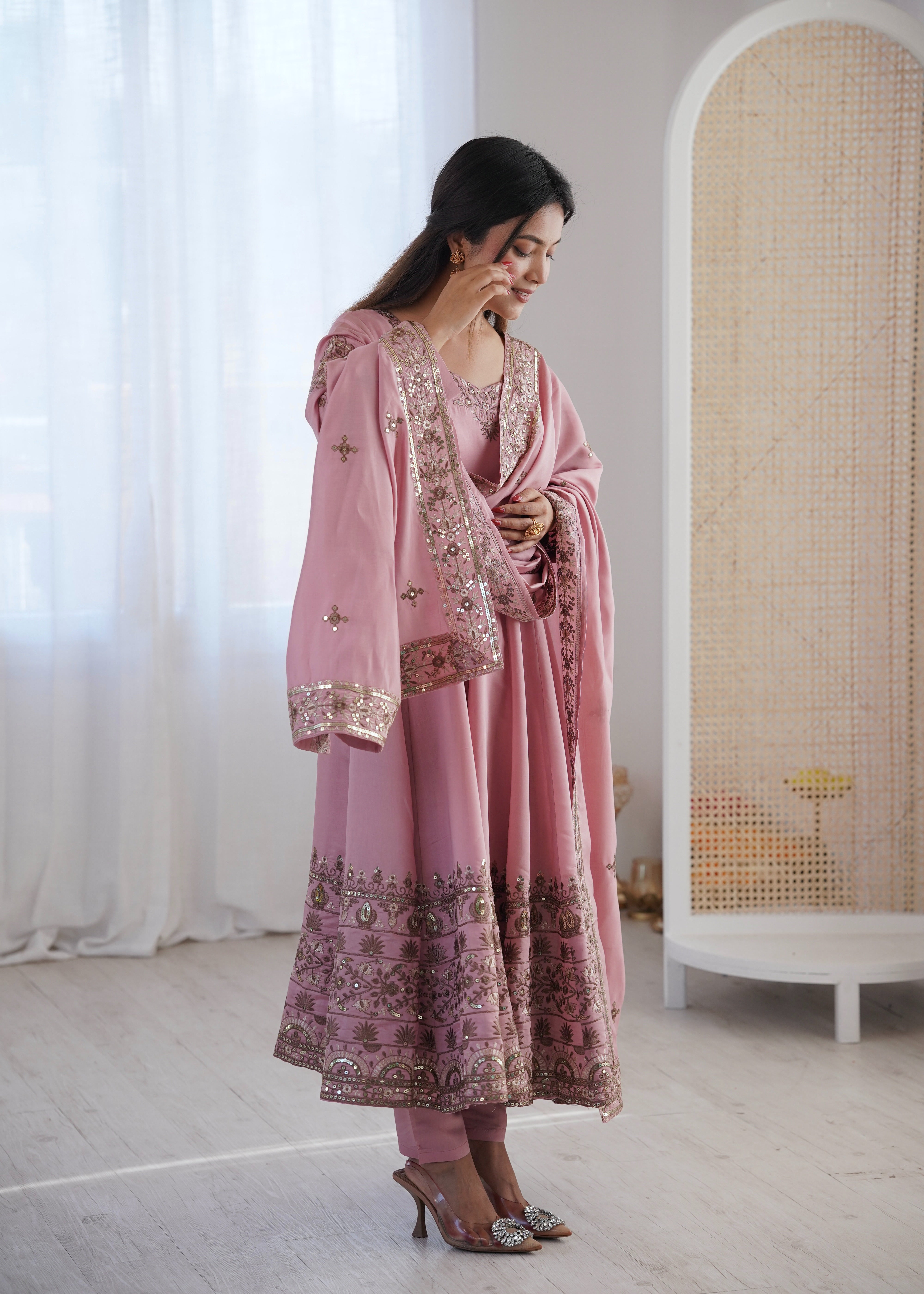 Womenline Elegant Dusty Pink Embroidered Anarkali Suit Set with Dupatta