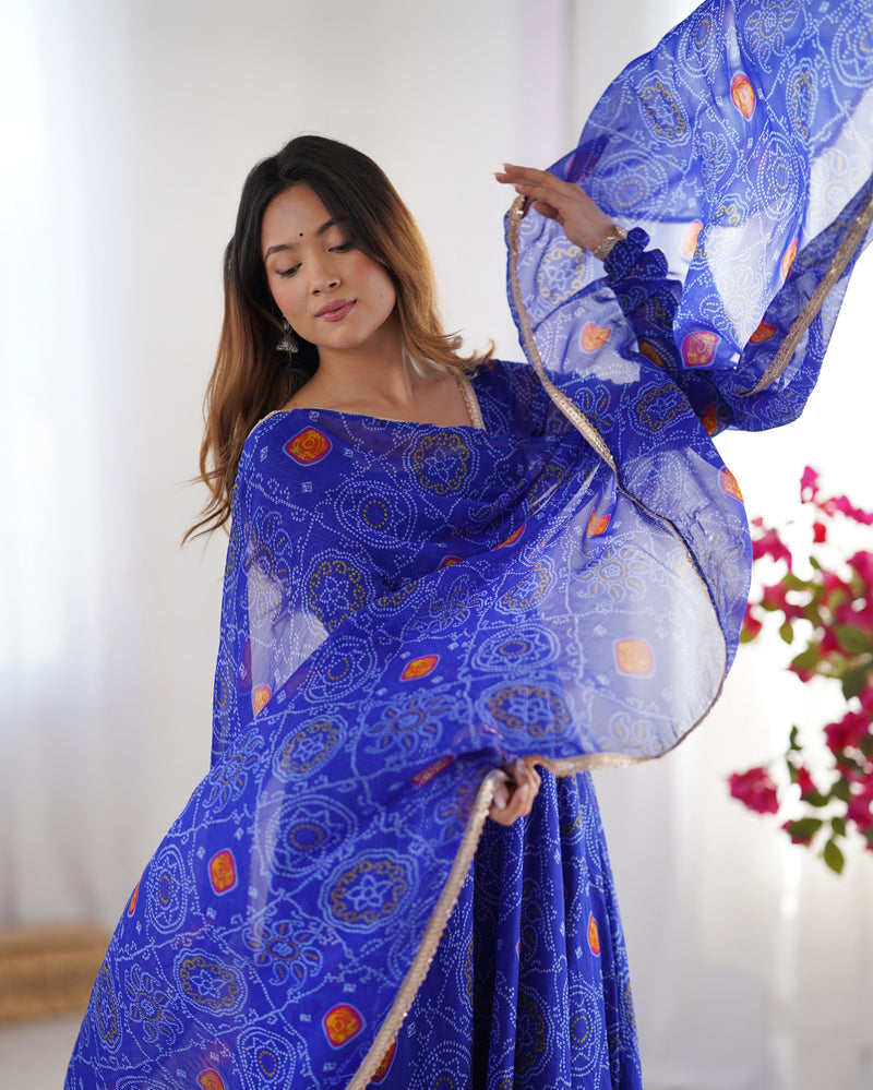 Womenline Royal Blue Color Bandhej Print Soft Chiffon Anarkali Gown