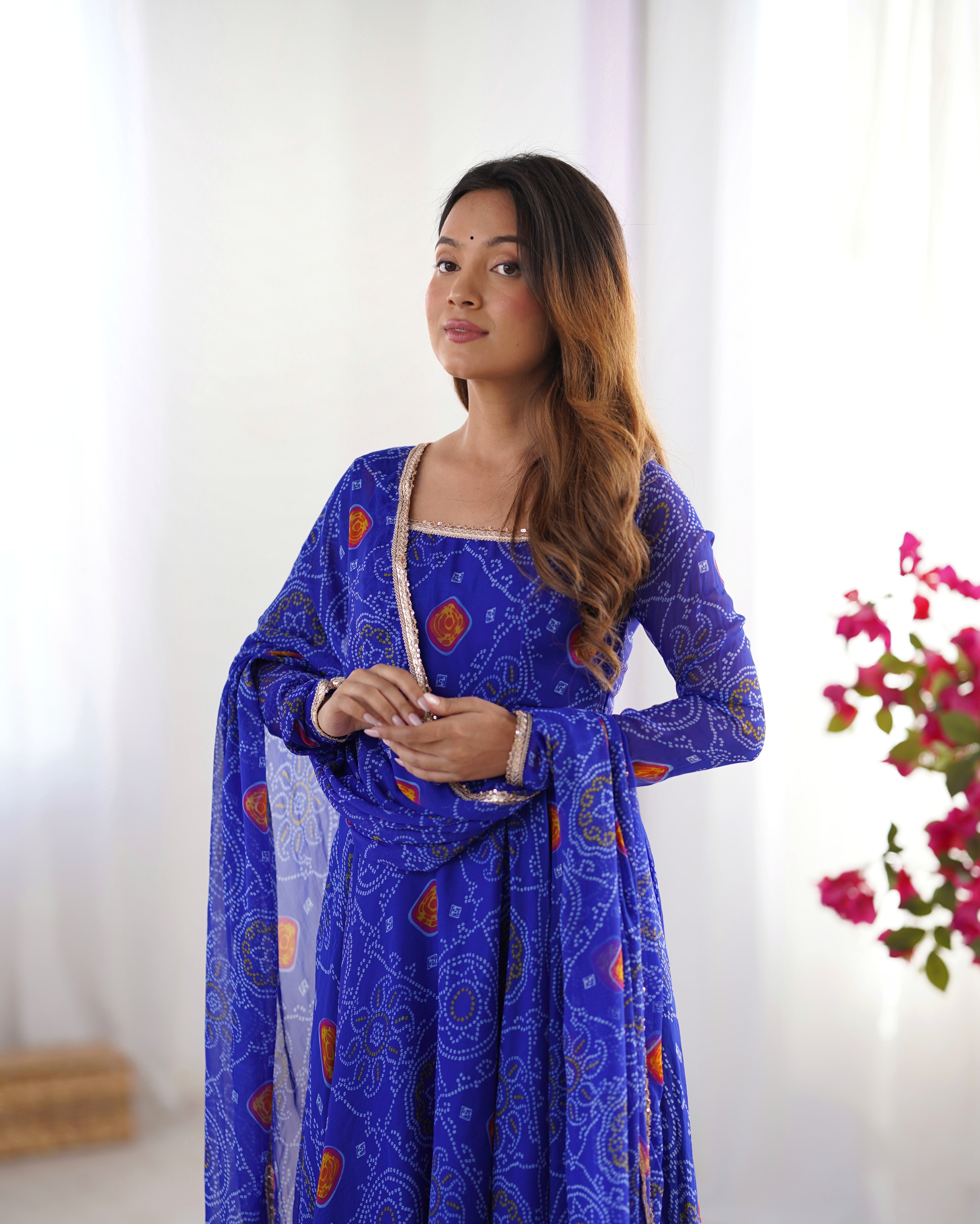 Womenline Royal Blue Color Bandhej Print Soft Chiffon Anarkali Gown