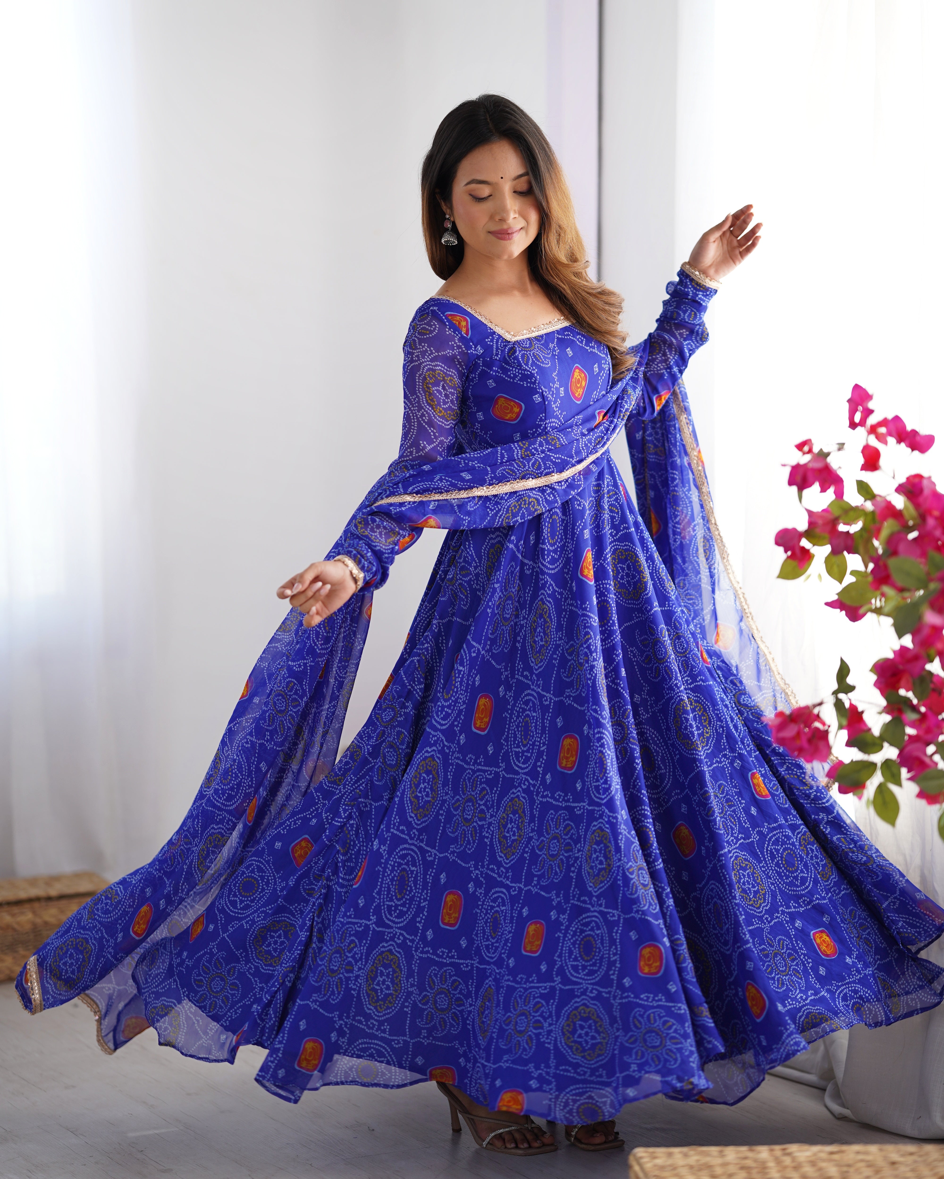 Womenline Royal Blue Color Bandhej Print Soft Chiffon Anarkali Gown