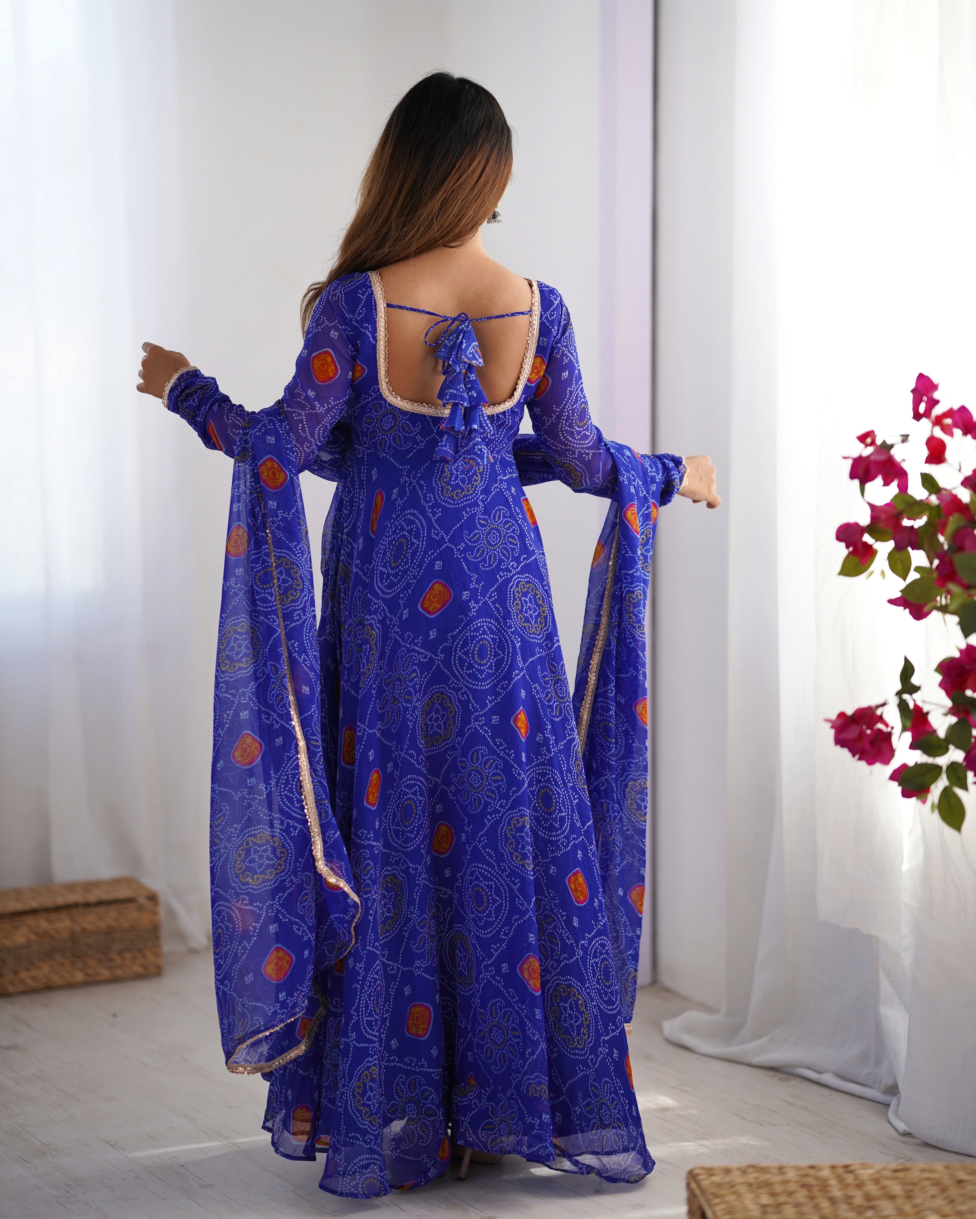 Womenline Royal Blue Color Bandhej Print Soft Chiffon Anarkali Gown