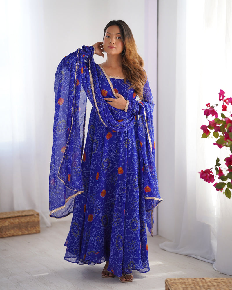 Womenline Royal Blue Color Bandhej Print Soft Chiffon Anarkali Gown