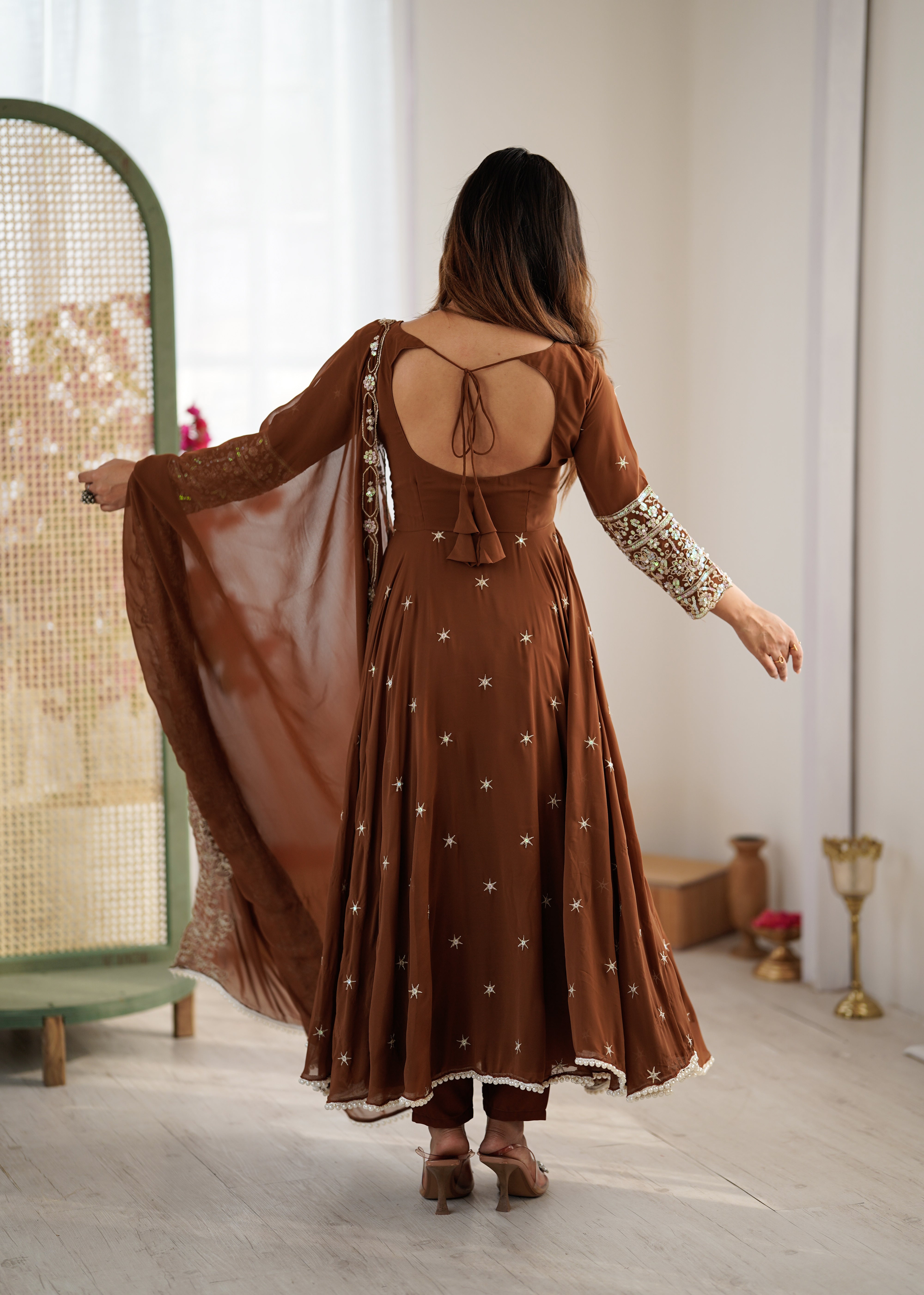 Womenline Chocolate Brown Embroidered Anarkali Suit Set with Sequined Dupatta