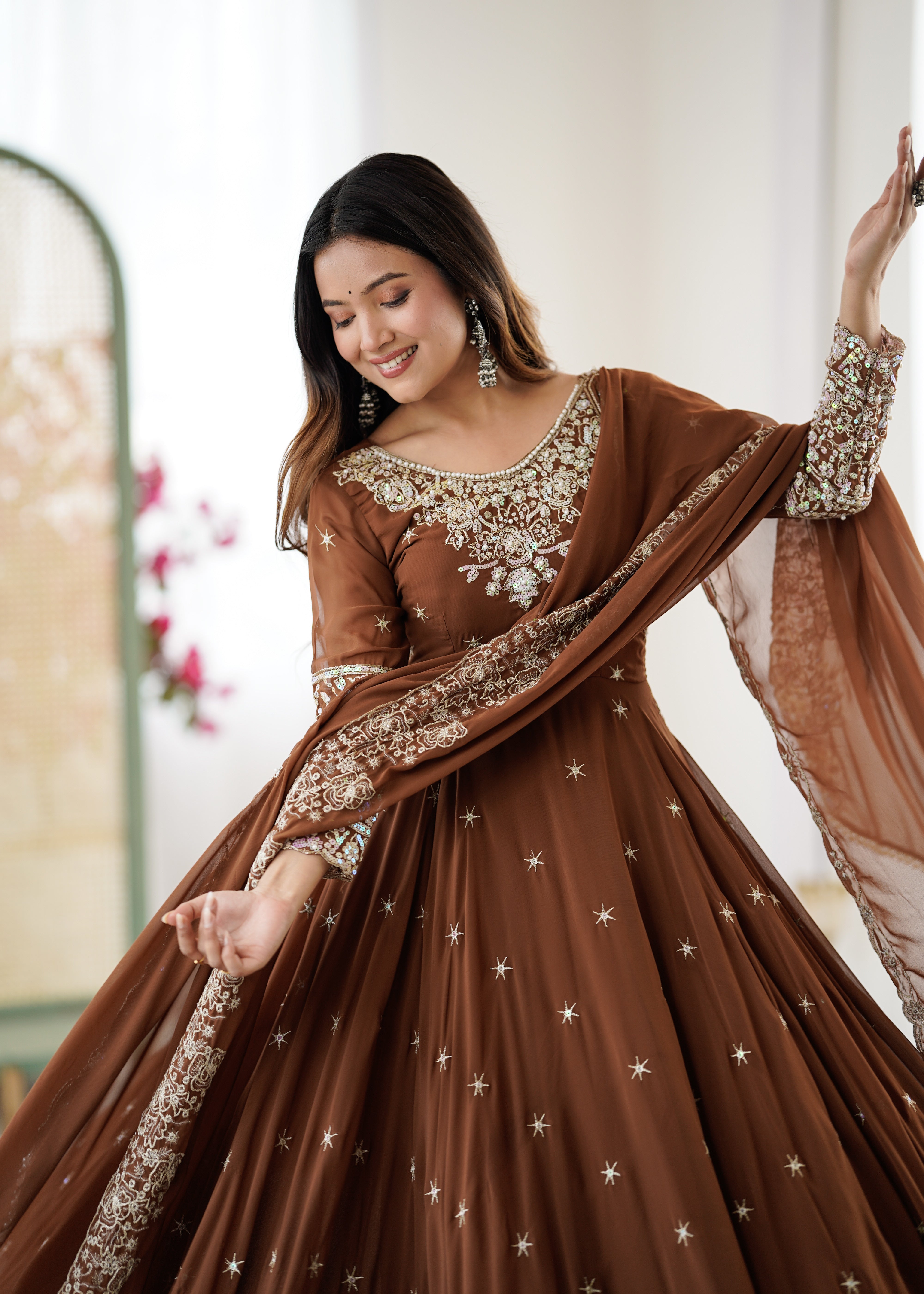 Womenline Chocolate Brown Embroidered Anarkali Suit Set with Sequined Dupatta
