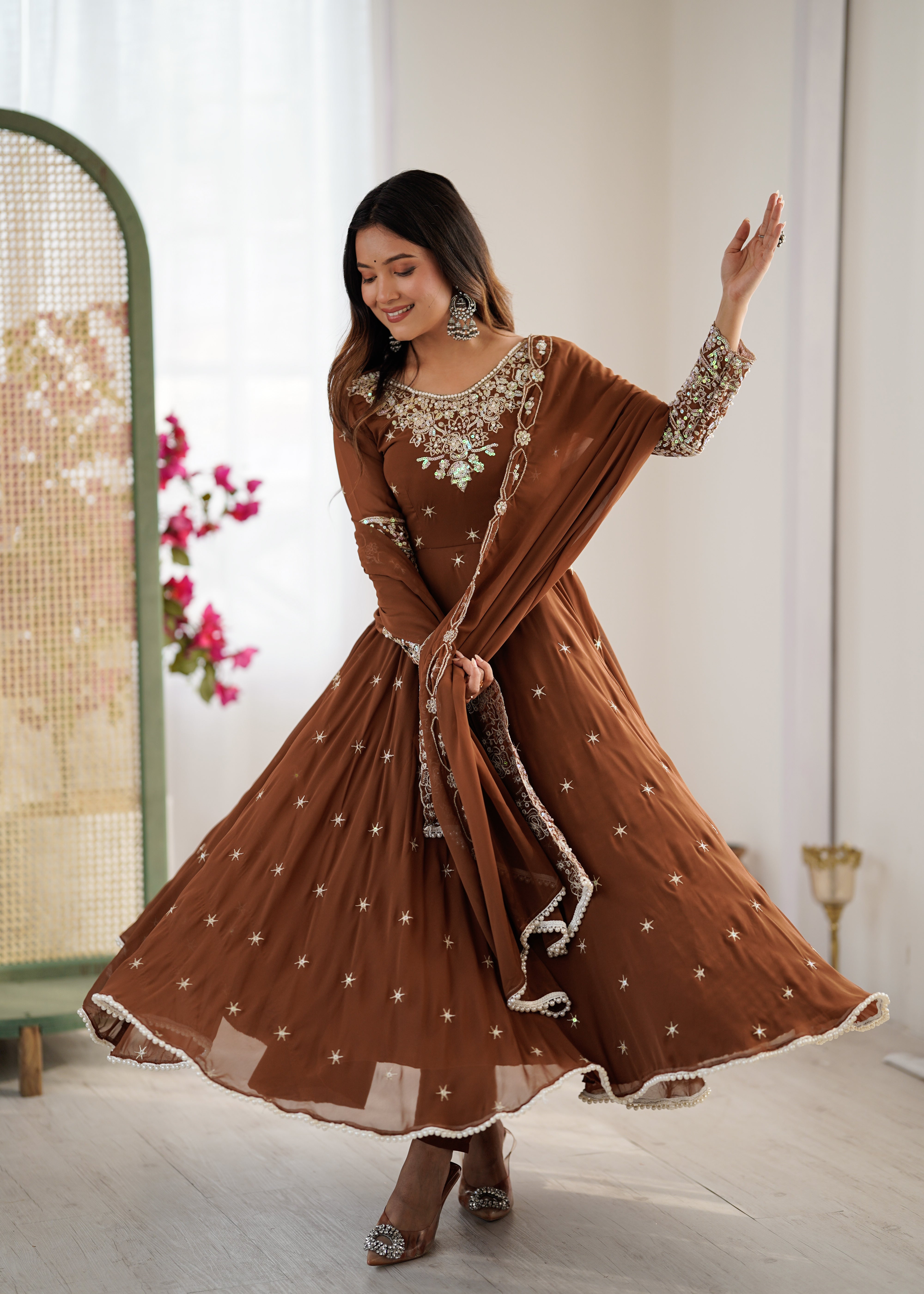 Womenline Chocolate Brown Embroidered Anarkali Suit Set with Sequined Dupatta