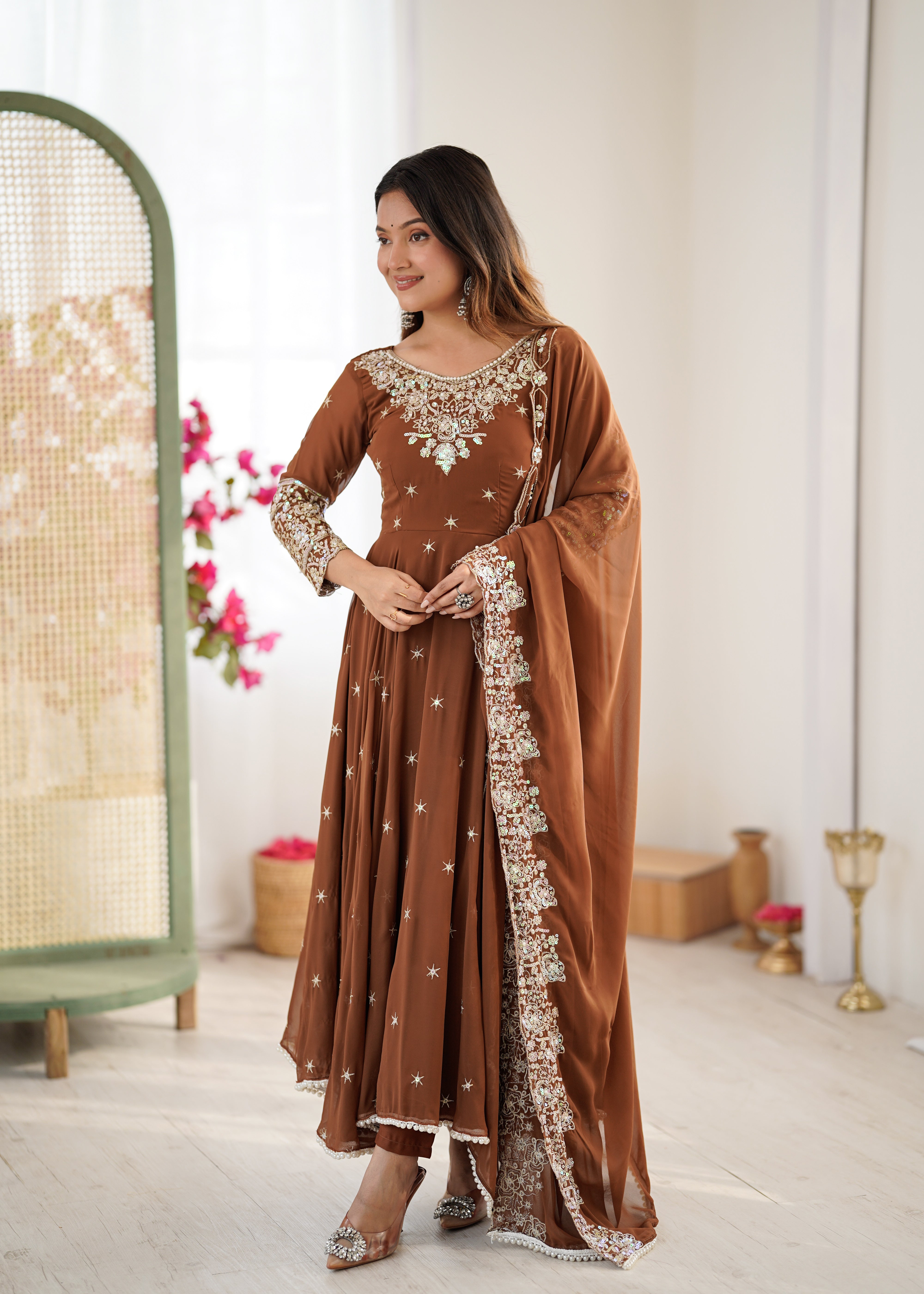 Womenline Chocolate Brown Embroidered Anarkali Suit Set with Sequined Dupatta