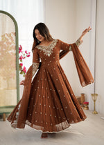Womenline Chocolate Brown Embroidered Anarkali Suit Set with Sequined Dupatta