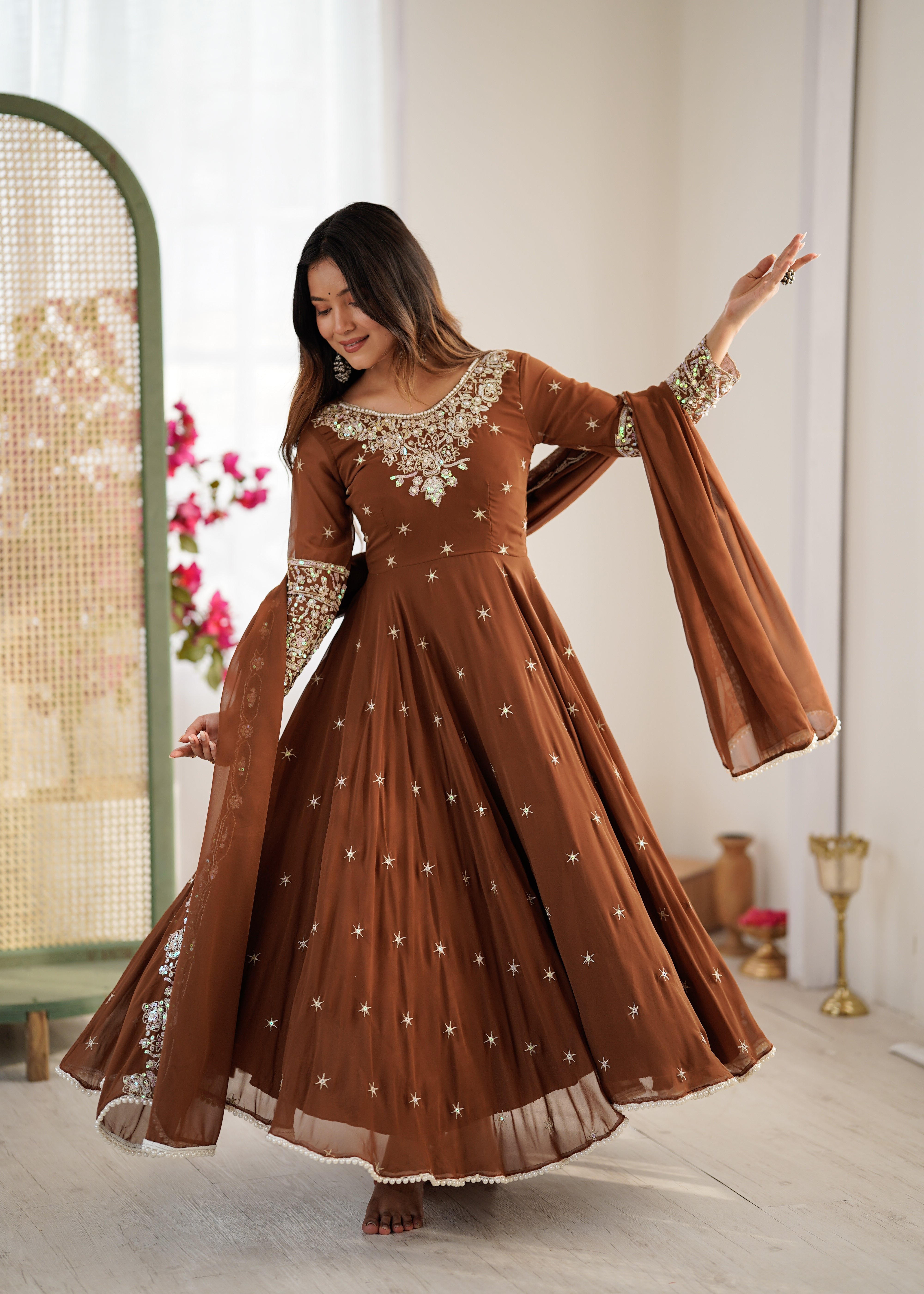 Womenline Chocolate Brown Embroidered Anarkali Suit Set with Sequined Dupatta