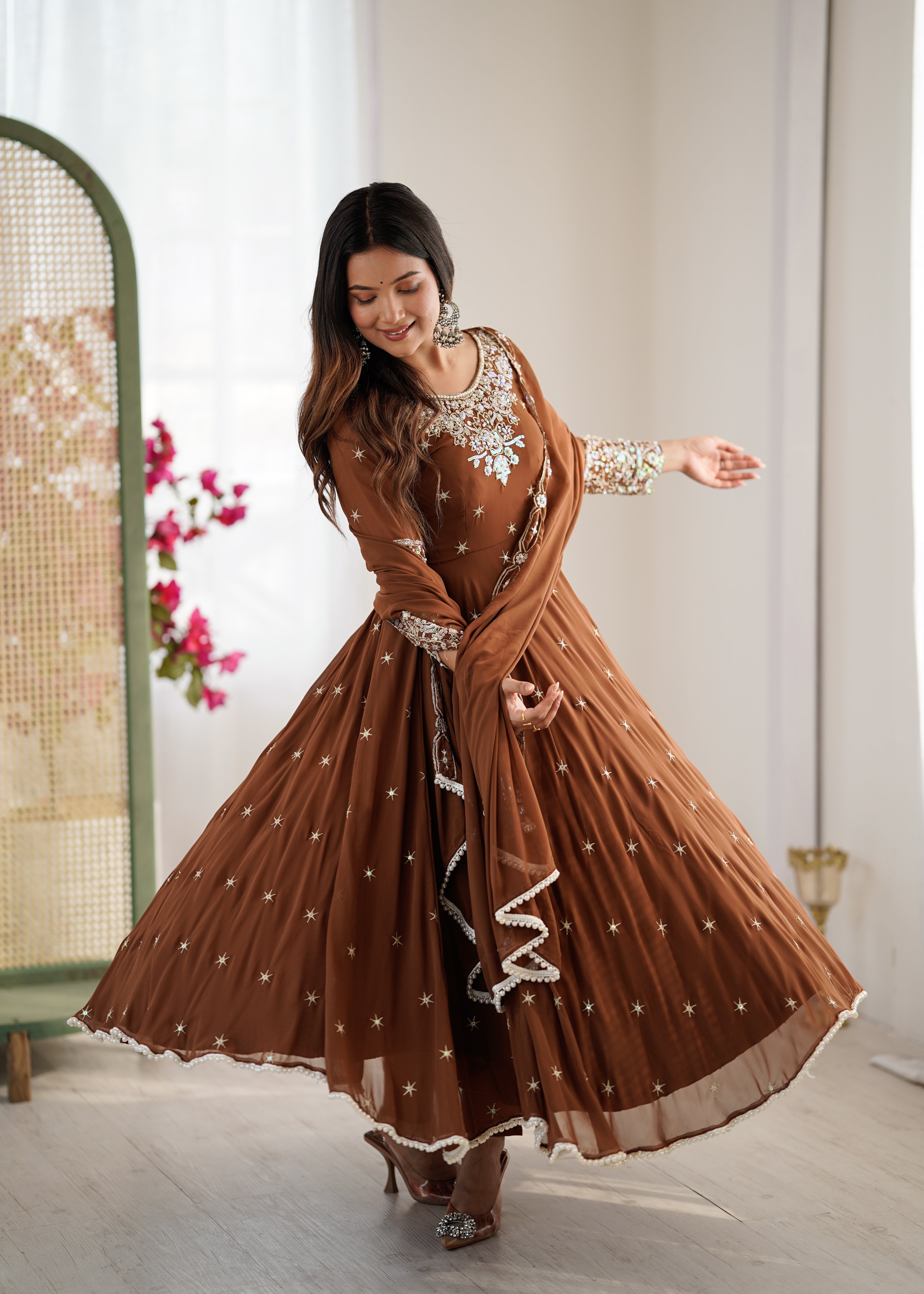 Womenline Chocolate Brown Embroidered Anarkali Suit Set with Sequined Dupatta