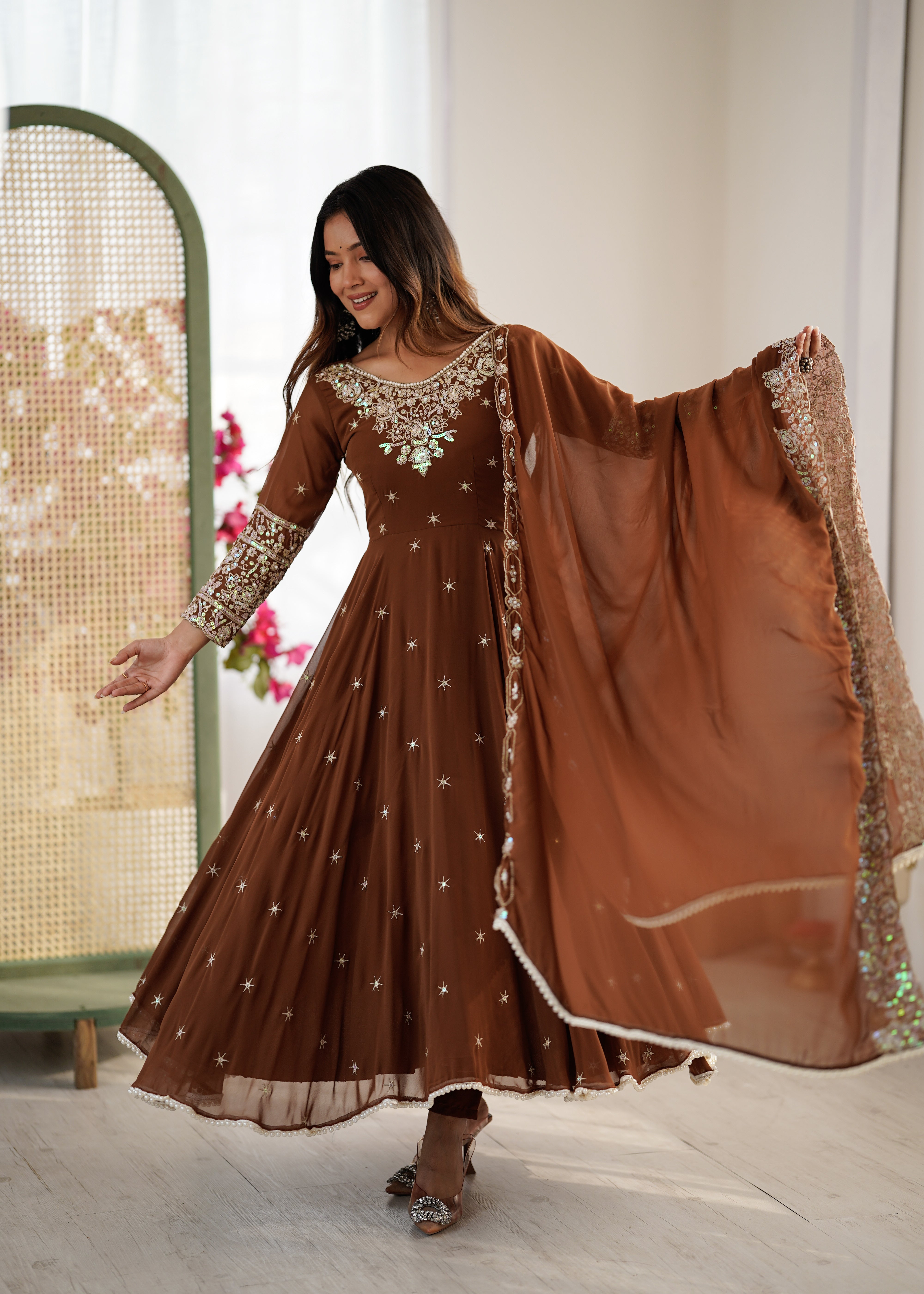 Womenline Chocolate Brown Embroidered Anarkali Suit Set with Sequined Dupatta