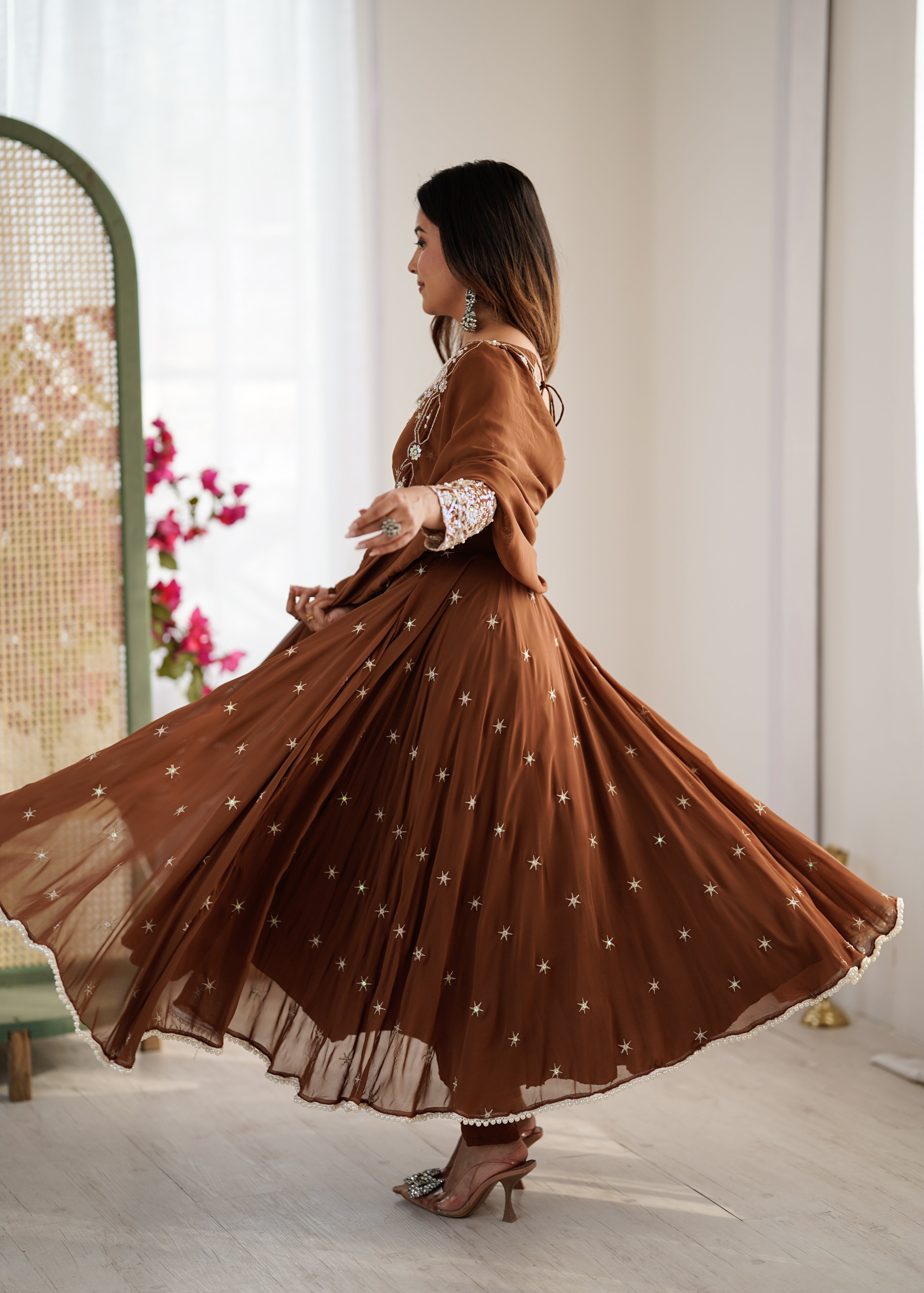 Womenline Chocolate Brown Embroidered Anarkali Suit Set with Sequined Dupatta