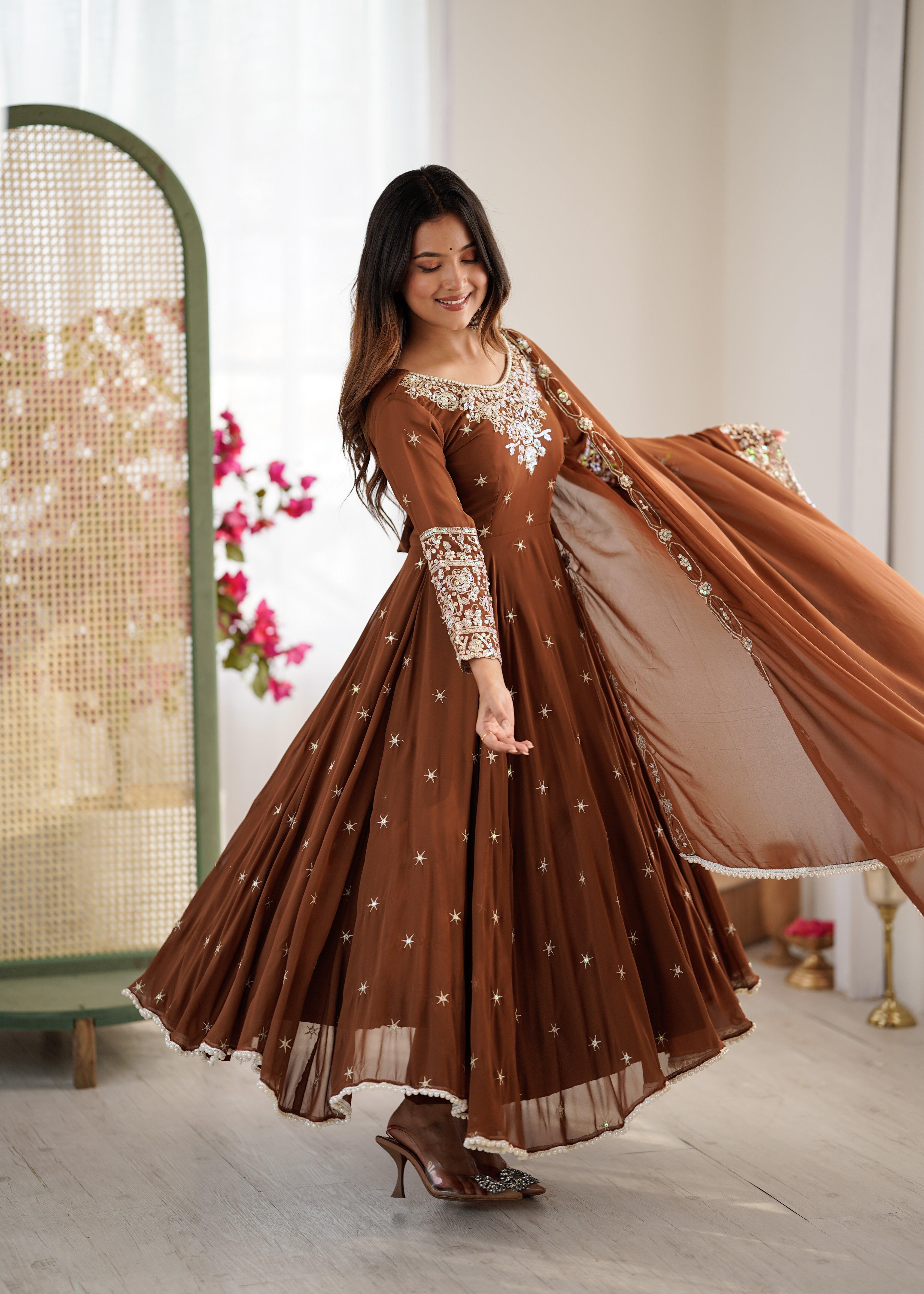 Womenline Chocolate Brown Embroidered Anarkali Suit Set with Sequined Dupatta
