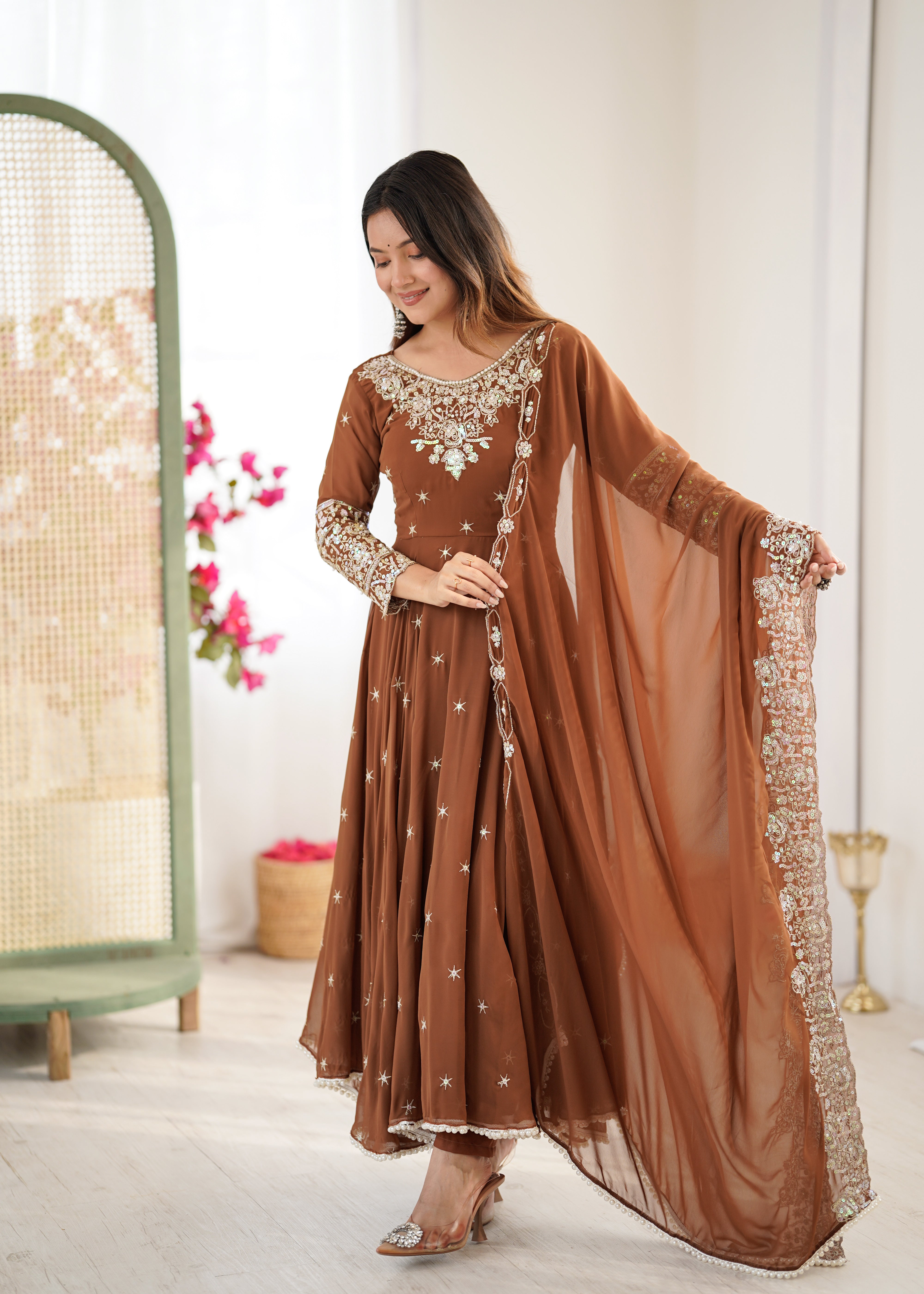 Womenline Chocolate Brown Embroidered Anarkali Suit Set with Sequined Dupatta