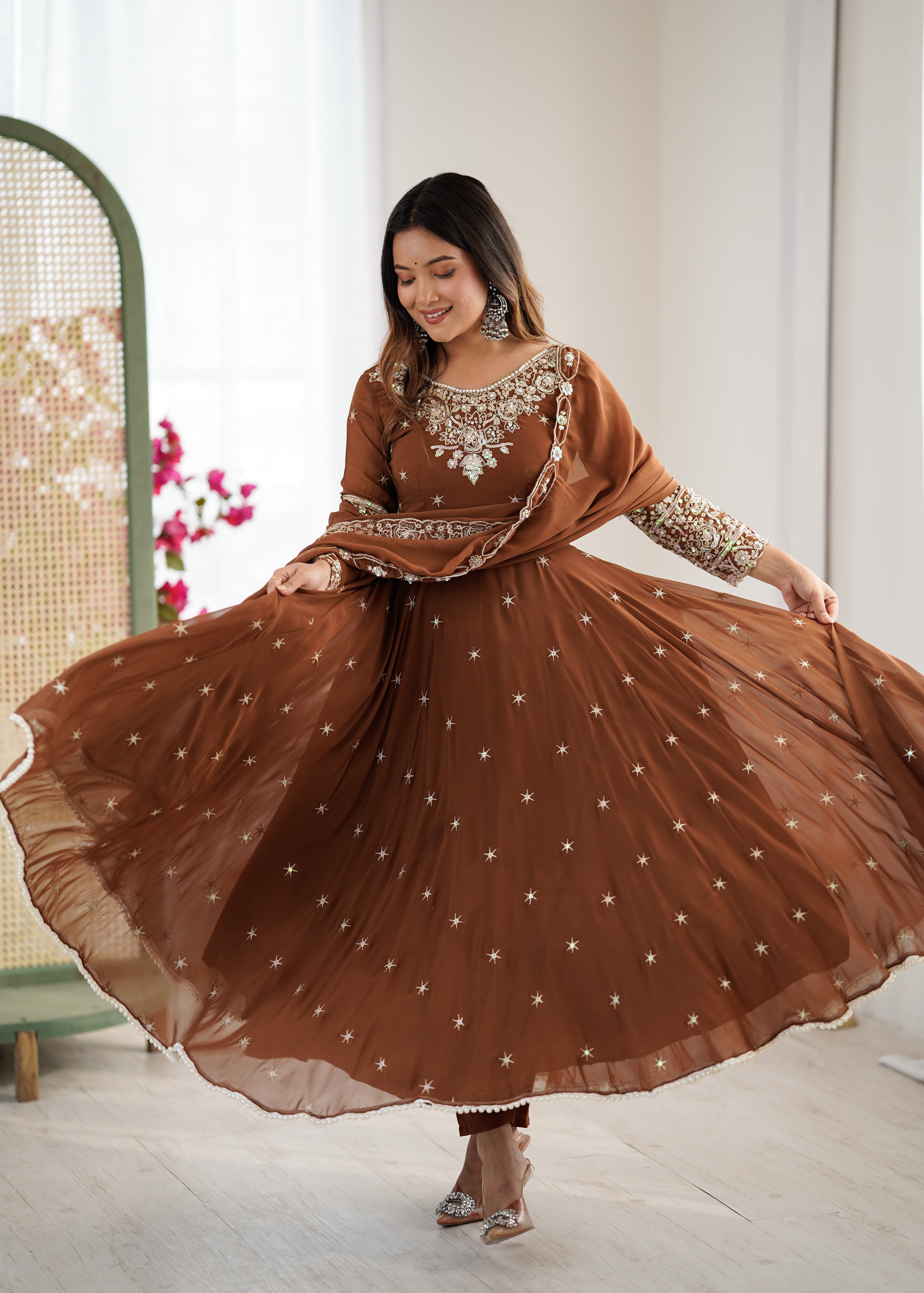 Womenline Chocolate Brown Embroidered Anarkali Suit Set with Sequined Dupatta